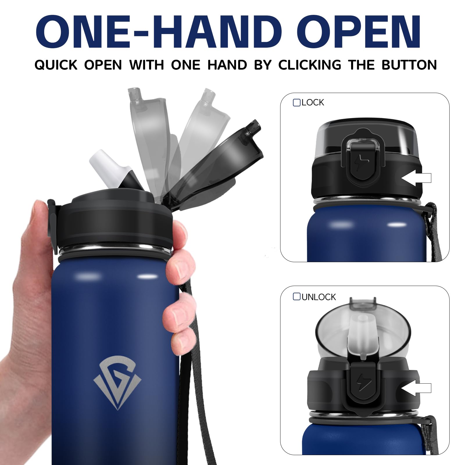 Grsta Thermosfles, 1 liter, BPA-vrij, sportfles, lekvrij, voor koude of warme dranken, metalen fles voor sport, fitness, wandelen, yoga, donkerblauw