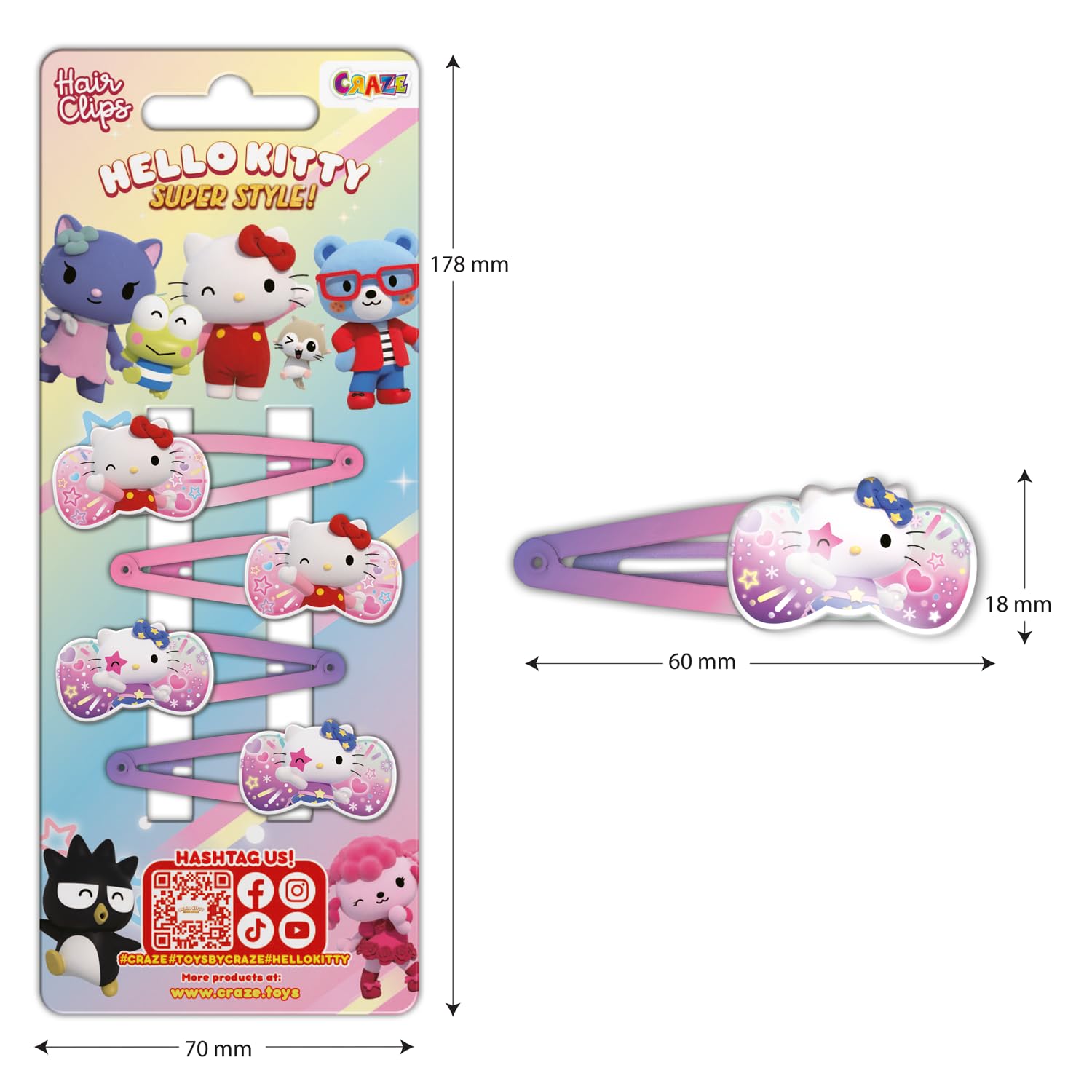 CRAZE Hello Kitty Hair Clip, 4 spinki do włosów dla dziewczynek Hello Kitty, Haczyki do włosów dla dziewczyn, 2 różne wzory (2 sztuki każdego), kolorowe klipsy