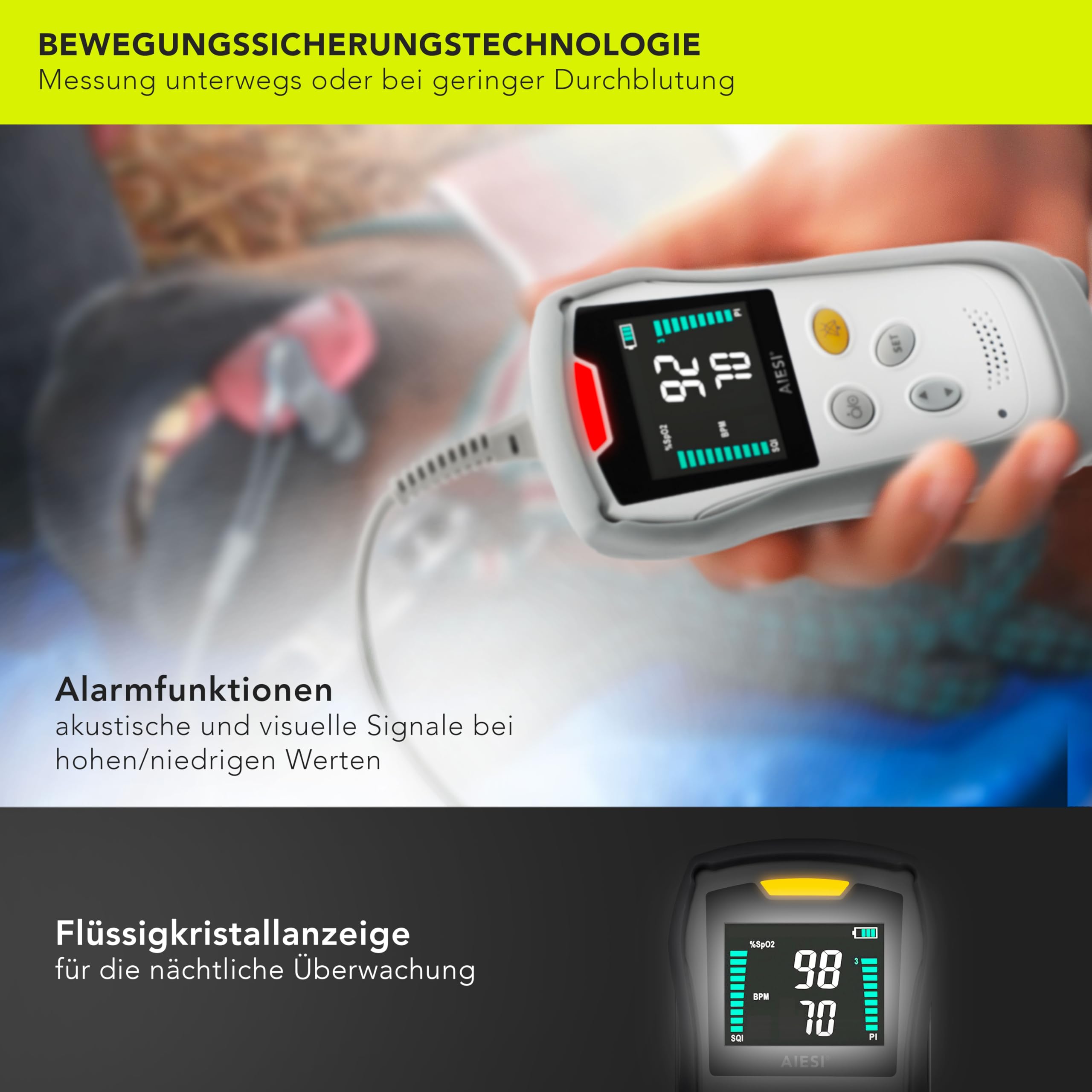 AIESI® Pulsoximeter Veterinär Handgerät professionell mit Farbdisplay und Anti-Bewegungs-Lingualsonde A3, Äußerst genaue, Lithium Batterie, Schutzhülle mit Stütze, Garantie 24 Monate