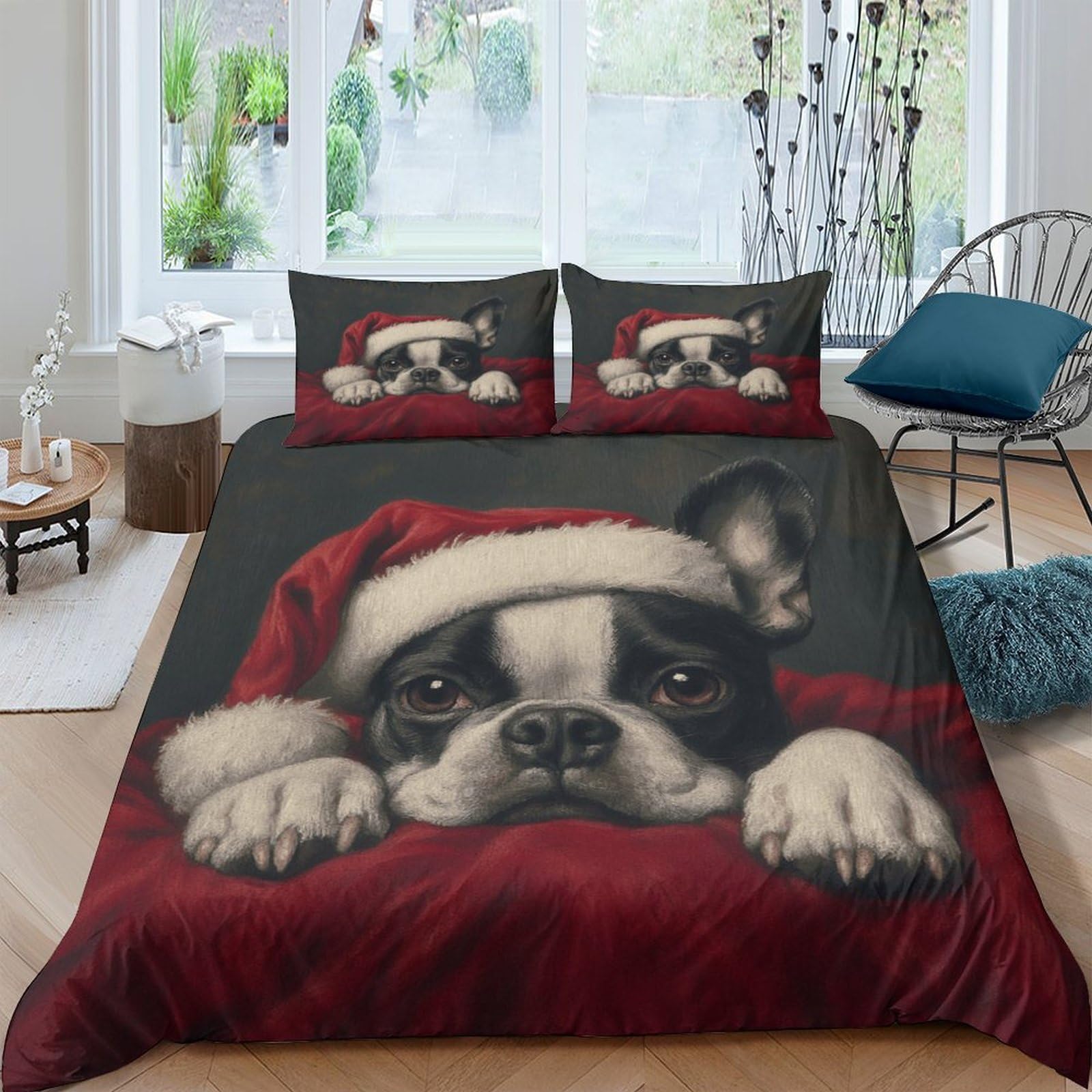 Ctjqhvkz Style-9 3D Printed Christmas Bulldog Fitted Sheet Microfiber Soft Decorative Santa Hat Bed Cover For Bedroom Guest Room Protection Single（135X200cm）