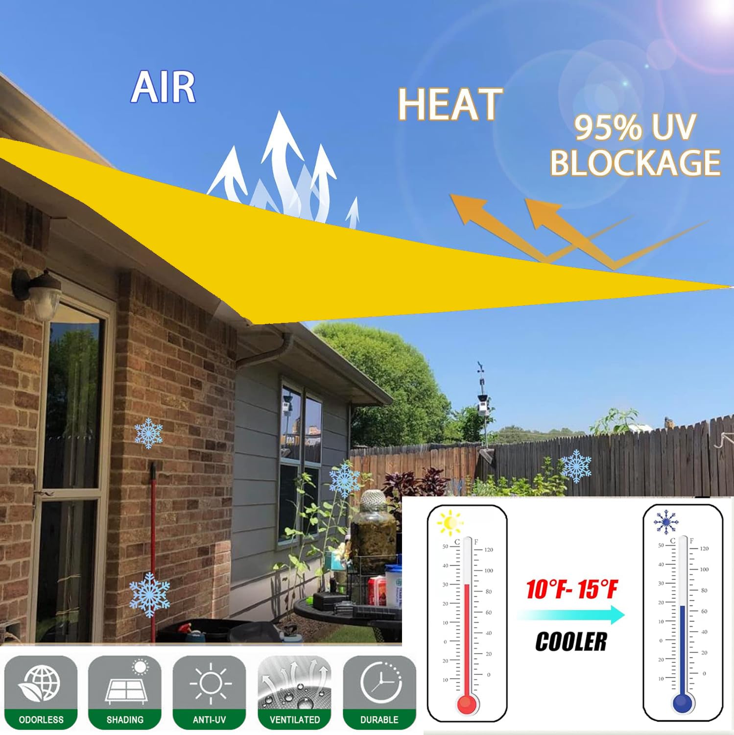 Sonnensegel Dreieckig Wasserdicht Sonnenschutz Wetterschutz Segel Baldachin 95% UV Schutz Premium Polyester Für Balkon Terrasse Garten (5x5x7.1m,Gelb)