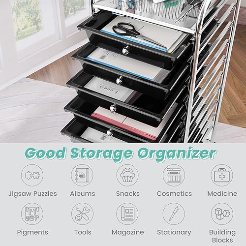 Miniatura 4 de COSTWAY Carrito de almacenamiento con ruedas de 10 cajones, carrito móvil utilitario con cajones extraíbles y ruedas universales y 2 frenos, carrito