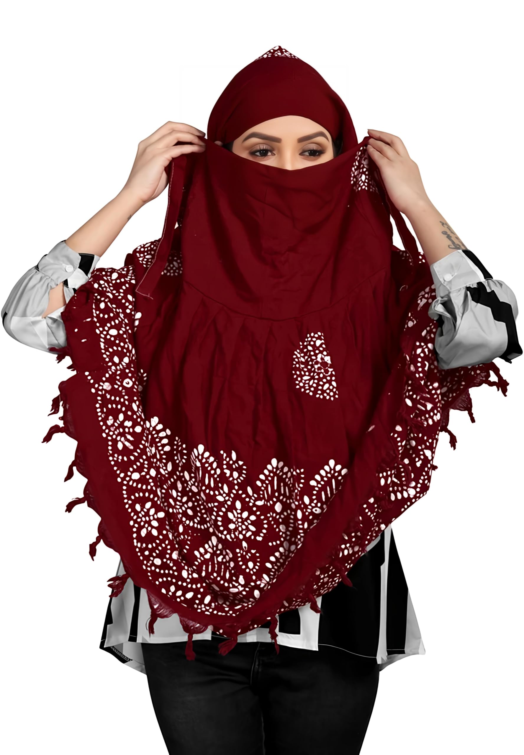 Women's Black Hijab Khimar with White Printed Pattern, Niqab Face Cover, Tassel Border-image-9