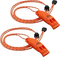 Apitos de emergência LuxoGear com cordão segurança apito sobrevivência shrill alto explosão para Kayak Life colete jaqueta barco pesca barco acampamento caminhadas caça resgate crianças salva-vidas plástico pacote com 2