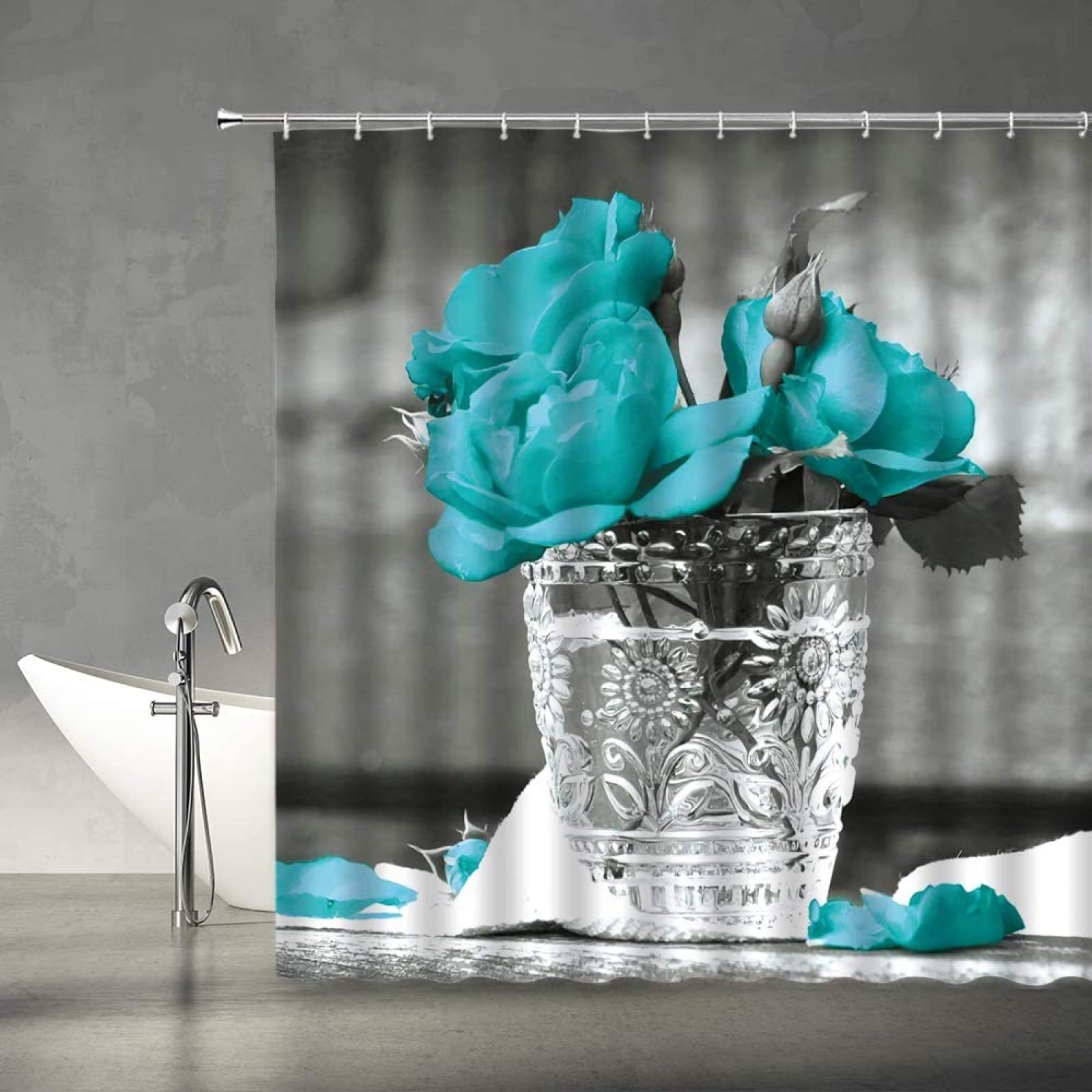 Tenda Da Doccia 180x220 Cm Anti-Muffa - Impermeabile Con Ganci - Fiore Blu Lavabile