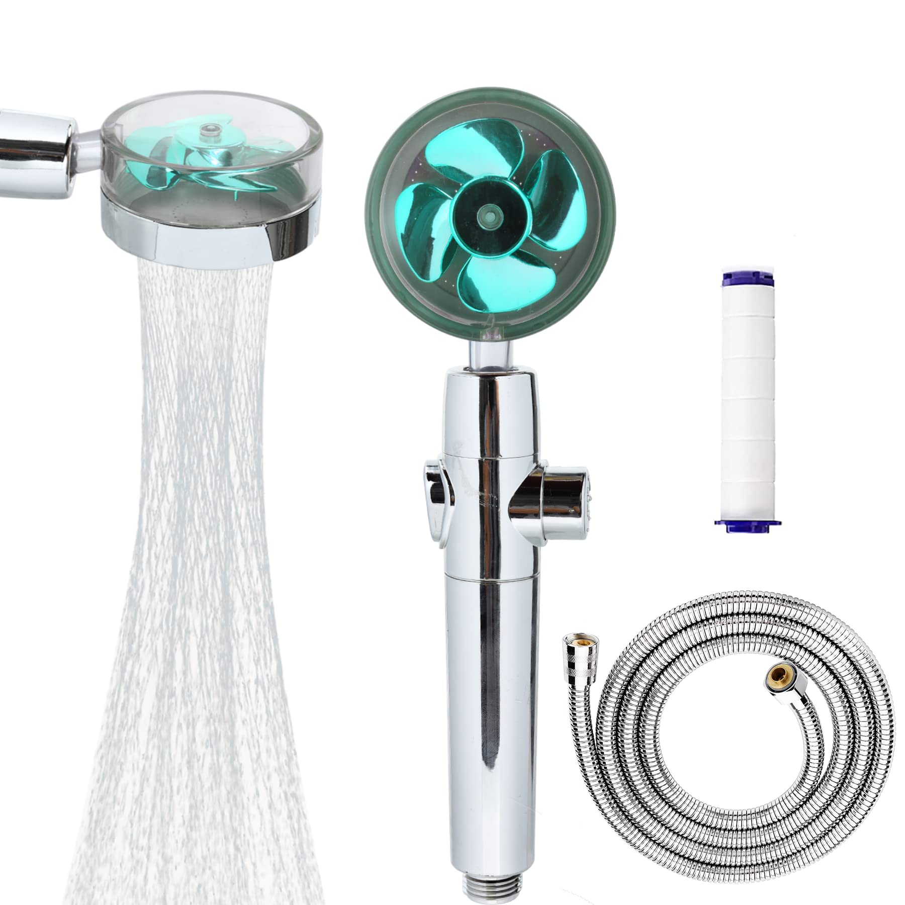 Hand-Held Turbo Fan High-Pressure Shower Head, Can Rotate 360 Degrees, Comes with 1.5M Tube,with Filter and Pause Switch (Blue-Tube)