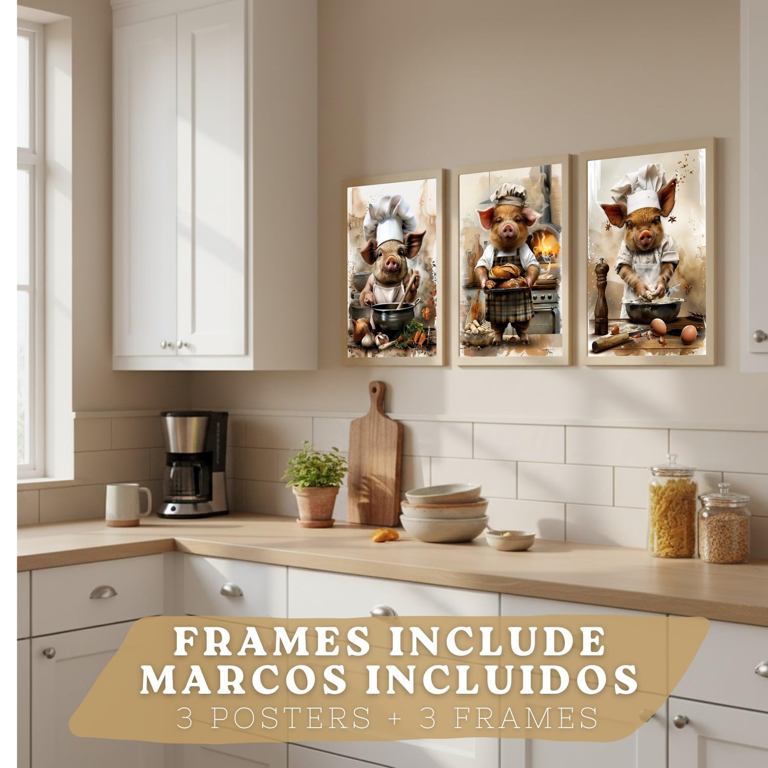 Nacnic Lot De 3 Affiches Cochon Boulanger Tableaux Animal Chef Pétrit Pain Illustration Déco Cuisine Murale A3 Cadre En Bois Léger