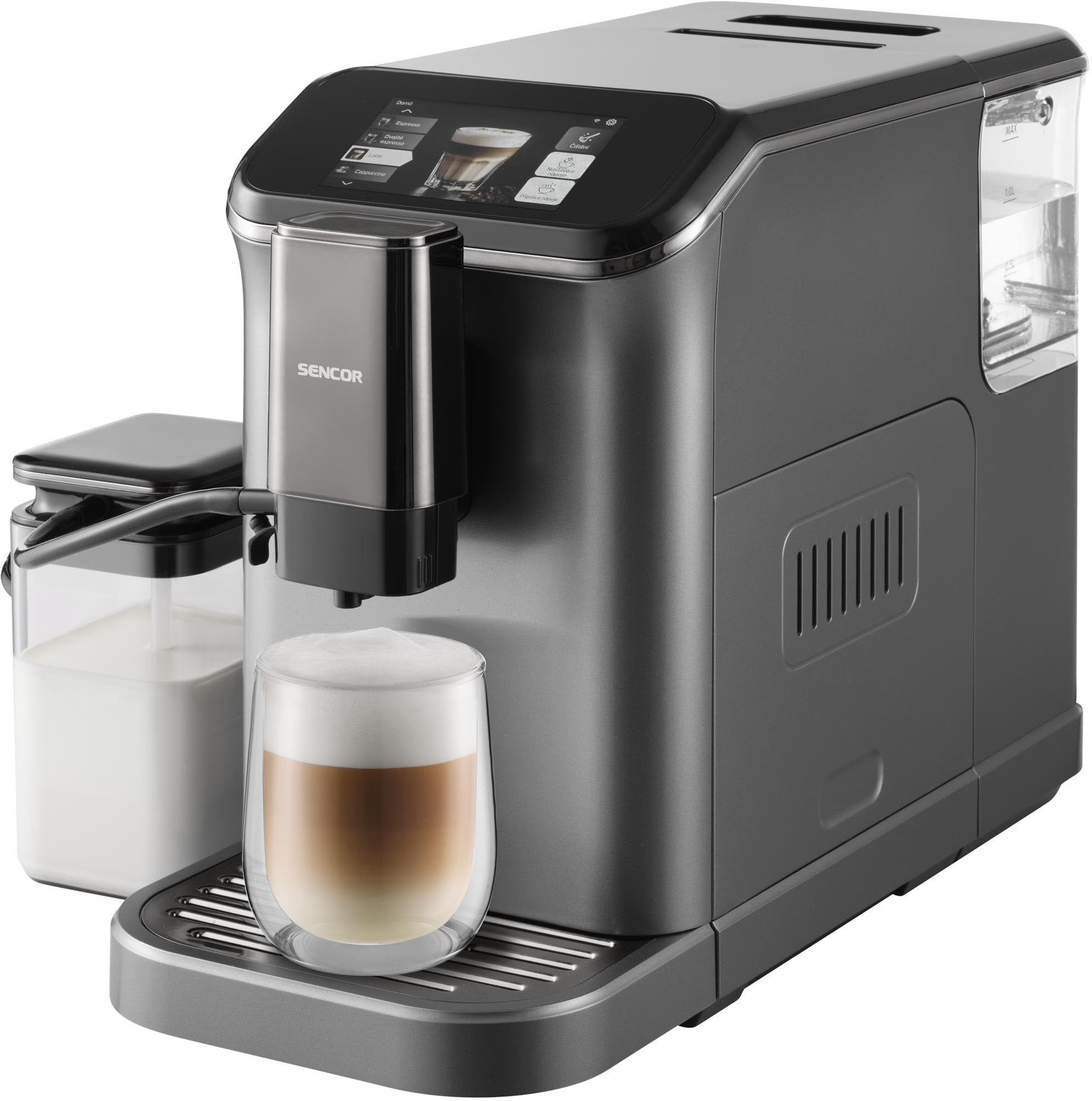 TENKER Macchina per caffè espresso a 20 bar, macchina per cappuccino con montalatte automatico, macchina per caffè con latte in design in acciaio inox, macchina per caffè con display touch 1350