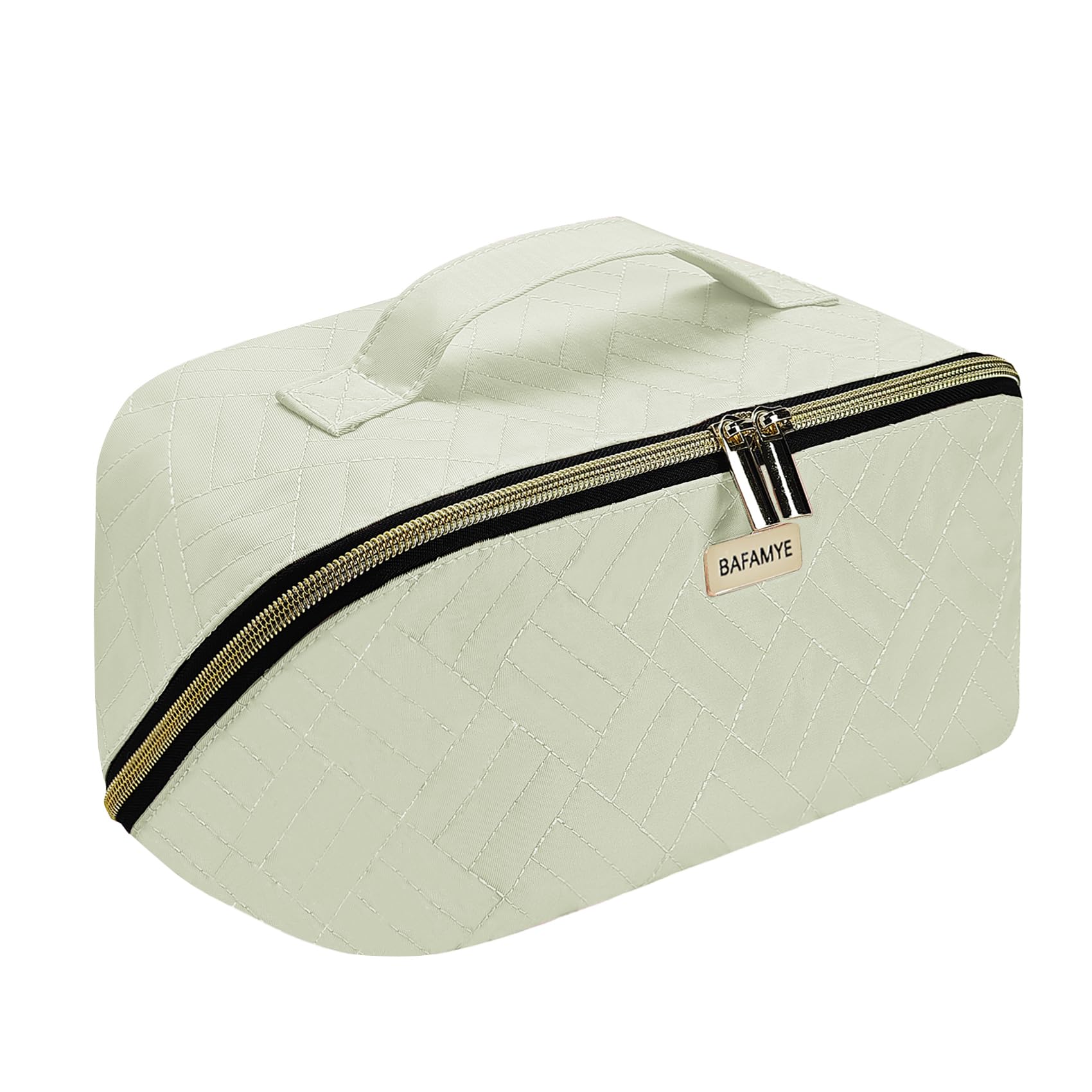 Travel Makeup Bag - 4L Compact Cosmetic Organizer Bag, Makeup Toiletry Travel Bag with Brush Holder & Multiple Compartments, Waterproof, Beige