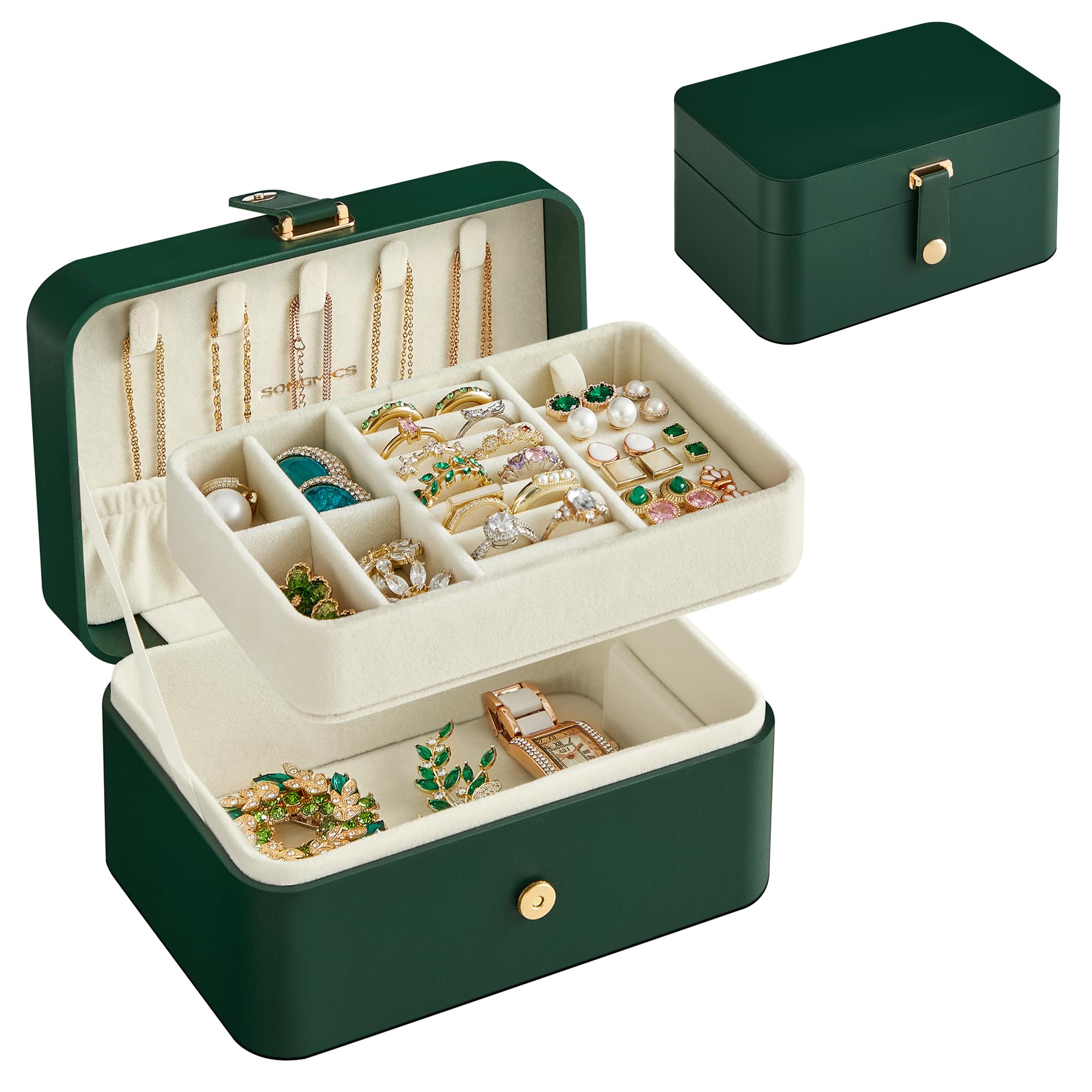 SONGMICS Jewellery Box, 2-Layer Jewellery Storage, 11 x 16 x 8 cm Travel Jewellery Box, Portable Jewellery Case, Small, Spacious, for Larger Accessories, Gift Idea, Forest Green JBC166C01