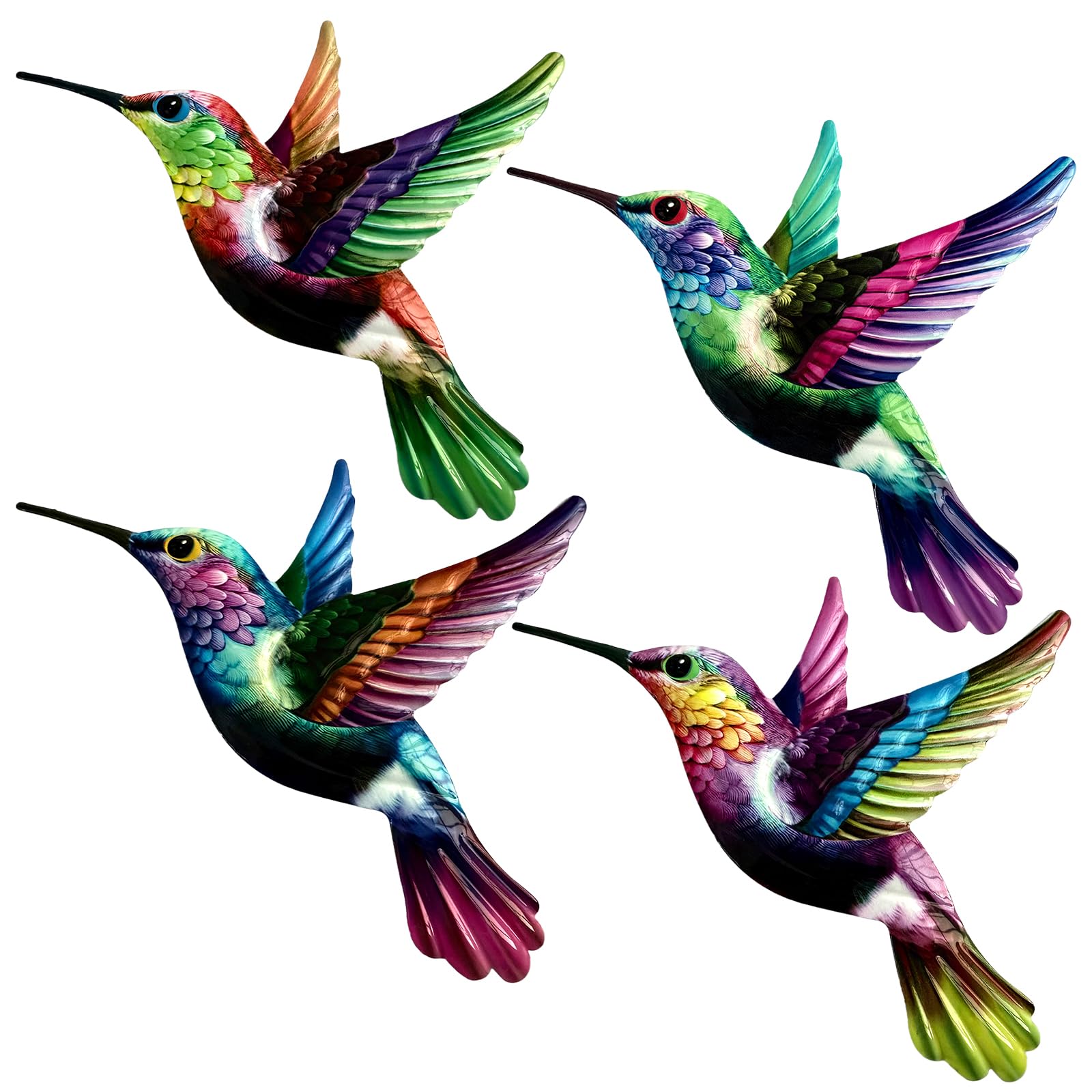 WTREEW 4 Pack Metal Hummingbird Wall Art Decor - Colorful Wrought Iron Bird Wall Sculptures - Indoor Outdoor Hanging Decorations for Garden Fence