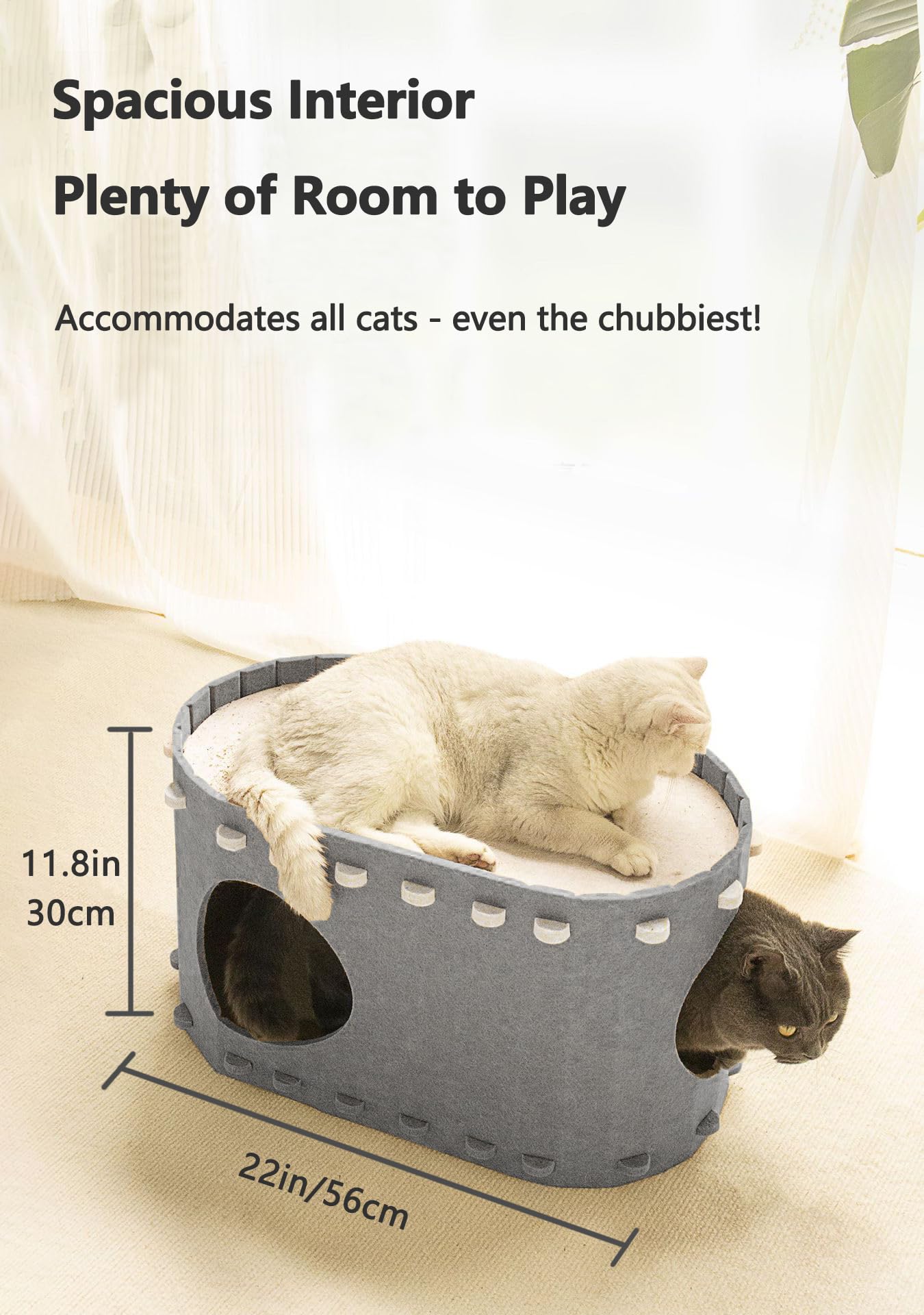 Casa para gatos de interior, cama para gatos grandes y múltiples, resistente a los arañazos, soporte creativo para gatos de hasta 22 libras, forma ovalada, gris