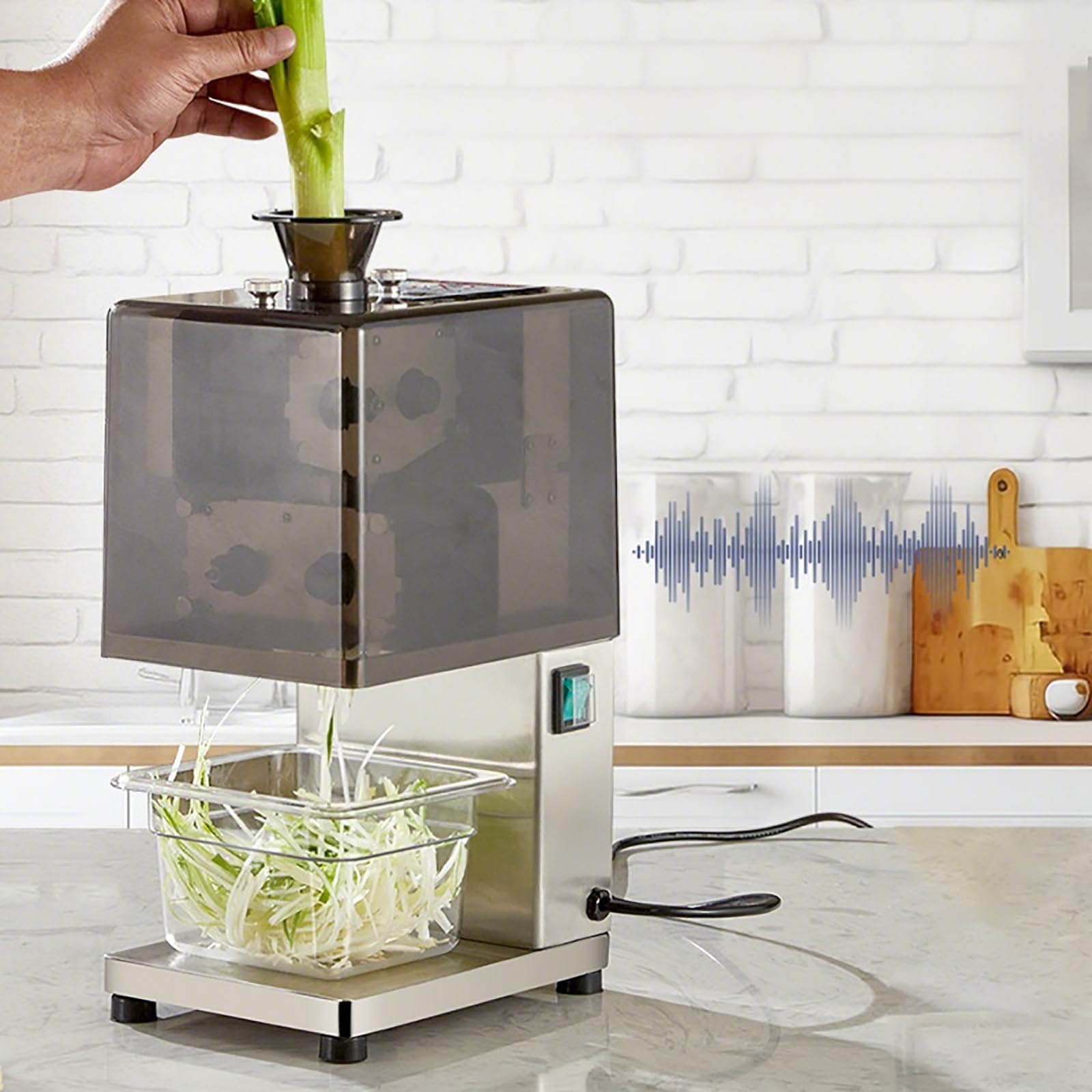 Zwiebel-Skallion Shredder Maschine mit 4 Schnittgrößen, Geschlossener Schalldämmung, Großer Futtereinlass, Einfache Reinigung für effizientes Zerkleinern von Lauch, Koriander, Knoblauch