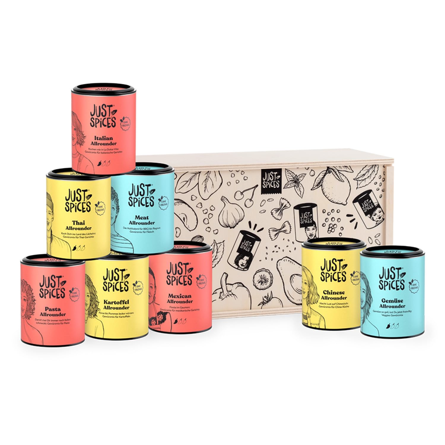 Just Spices Allrounder Gewürzbox I 8 vielseitige Gewürzmixe I In hochwertiger Holzbox verschenken I Gewürzbox