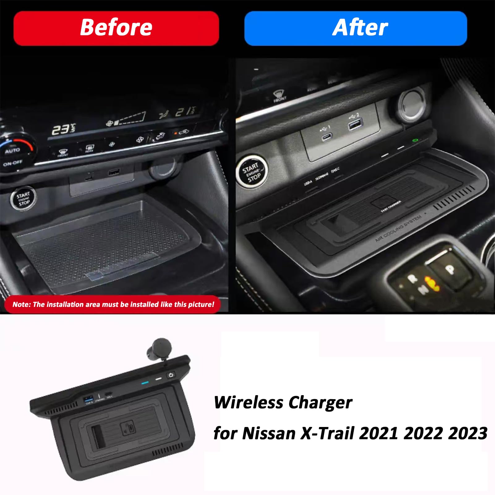 Caricatore Wireless per Nissan X-Trail 2021 2022,Caricatore Senza Fili Per Auto,15W Qi Caricatore Wireless Auto,Wireless Vassoio Ricarica Rapida,Accessori Caricatore Console Centrale