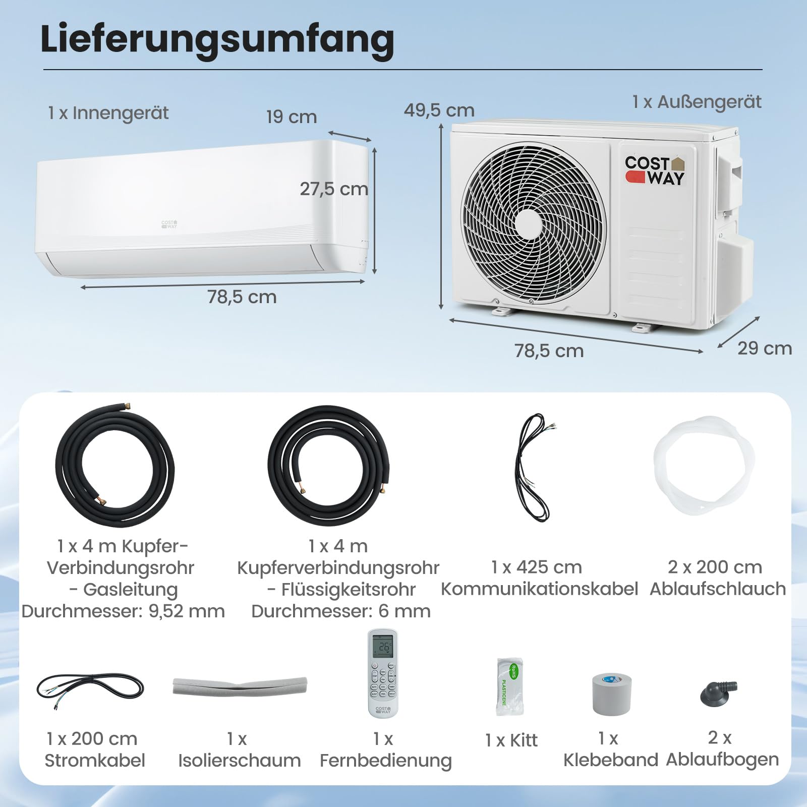 COSTWAY 12000BTU Split Klimageräte, 3,4kW Air Conditioner mit Abluftschlauch, Kältemittel R32, Selfclean