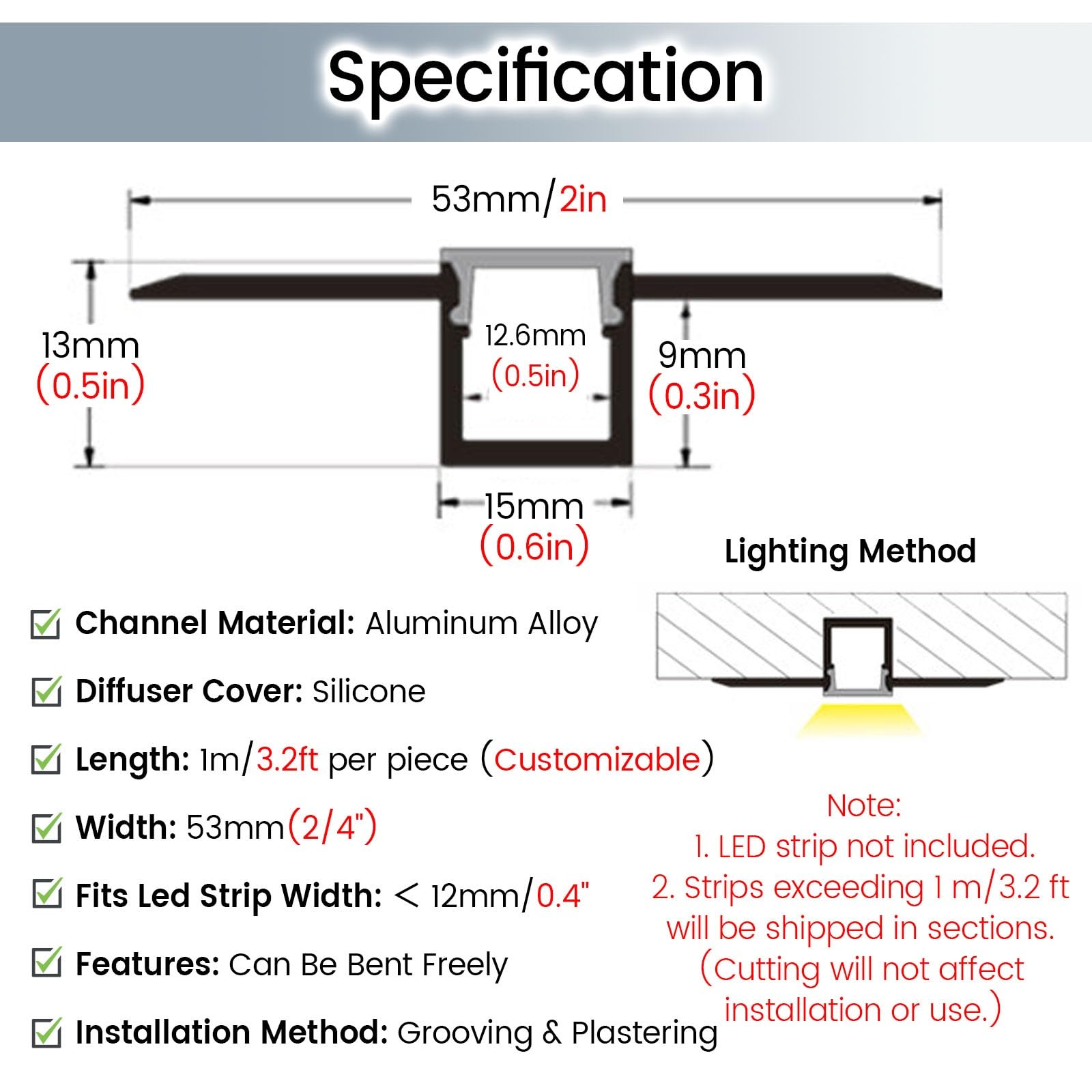 Canale LED da incasso flessibile con copertura in silicone, fango senza bordi nel profilo per illuminazione indiretta nascosta, striscia LED da 12 mm di larghezza (16,5 m)