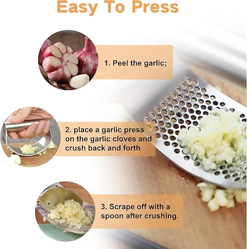 Miniatura 2 de Mecedora de prensa de ajo de acero inoxidable 316, trituradora de ajo ergonómica con asa, picadora de ajo resistente apta para lavavajillas,