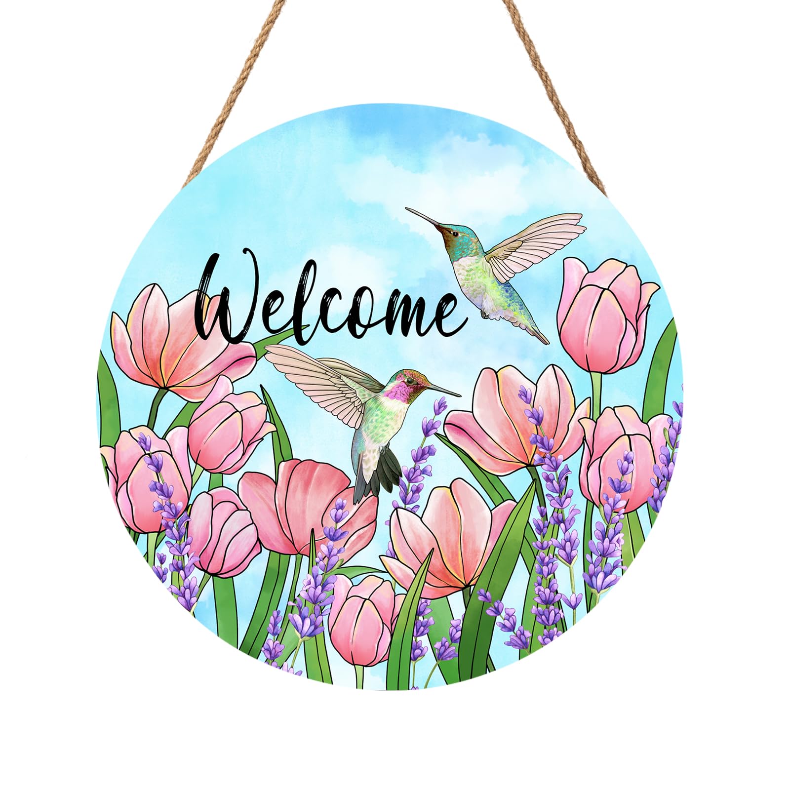 Welcome Spring Summer Hummingbirds Sign for Front Door Decor Spring Floral Metal Door Hanger Sign Spring Decorations Seasonal Farmhouse Wreath Wall Hanging Sign for Home Outdoor Outside Porch 12”x12”