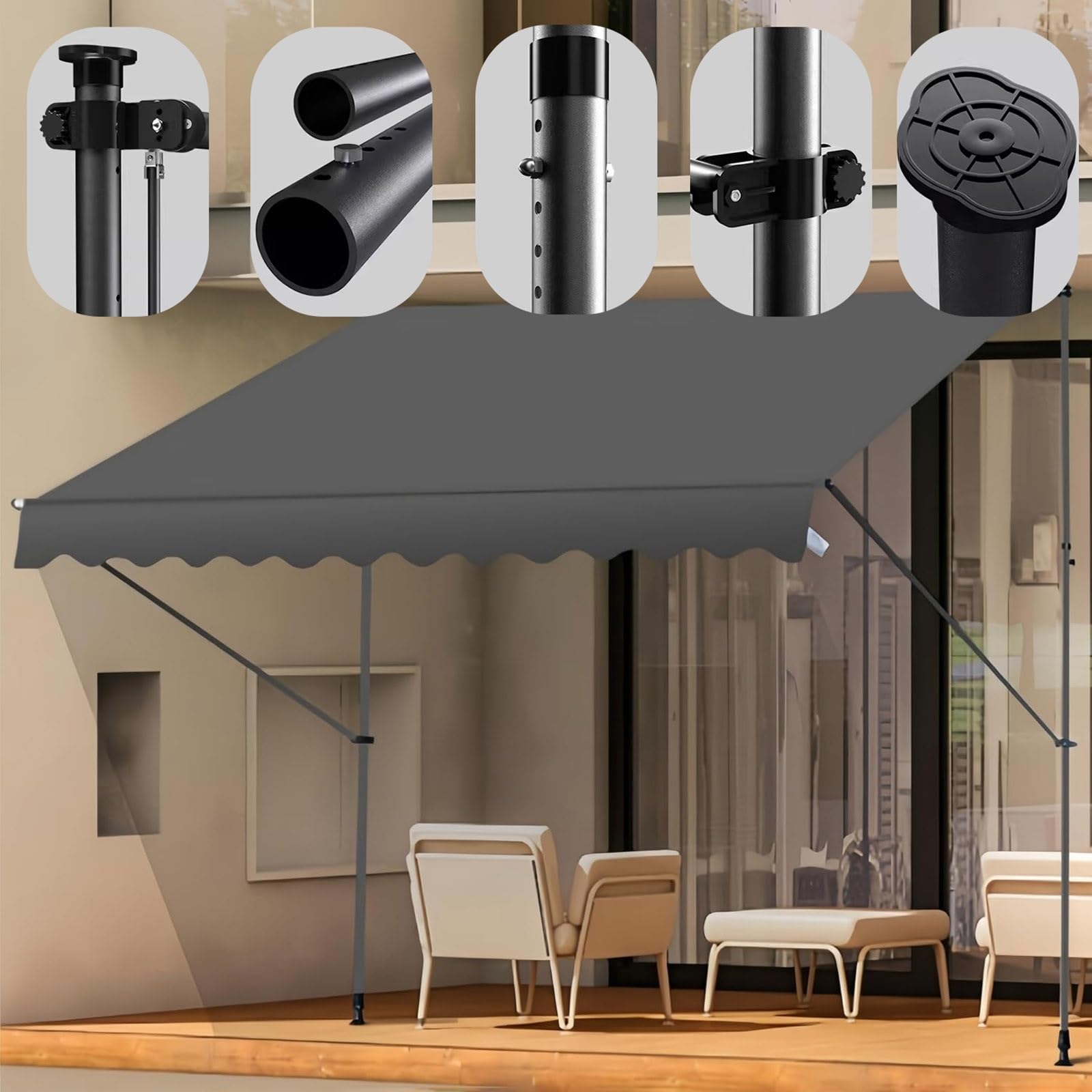 Klemmmarkise Balkon 200x120cm Markise Einziehbar mit Handkurbel, UV-beständig Sonnenmarkise, ohne Bohren für Balkon Garten Terrasse, 300x120cm(Dark Green,79x47in)