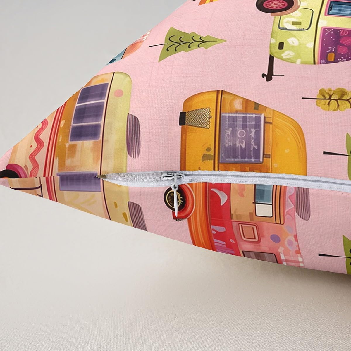 Feelyou Colorful Camping Car Reversible Throw Pillow Covers 24 x 24-Inch Pink Camper Square Cushion Covers Set of 2 Boys Girls RV Camping Pillowcases for Sofa Couch Bed Camper Accessories