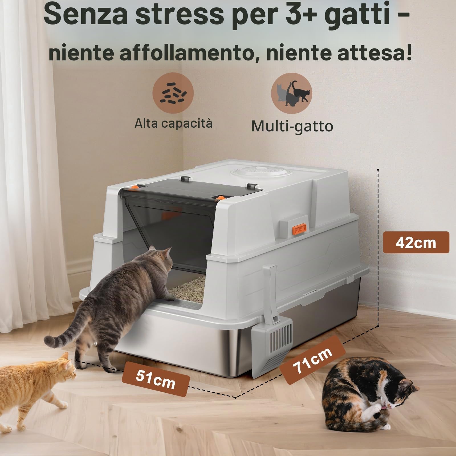 MIXJOY Lettiera per gatti in acciaio inox con coperchio, grande 71 x 51 x 42 cm, per gatti di taglia grande e per famiglie con più gatti, modalità chiusa, semiaperta e aperta, di grandi dimensioni con