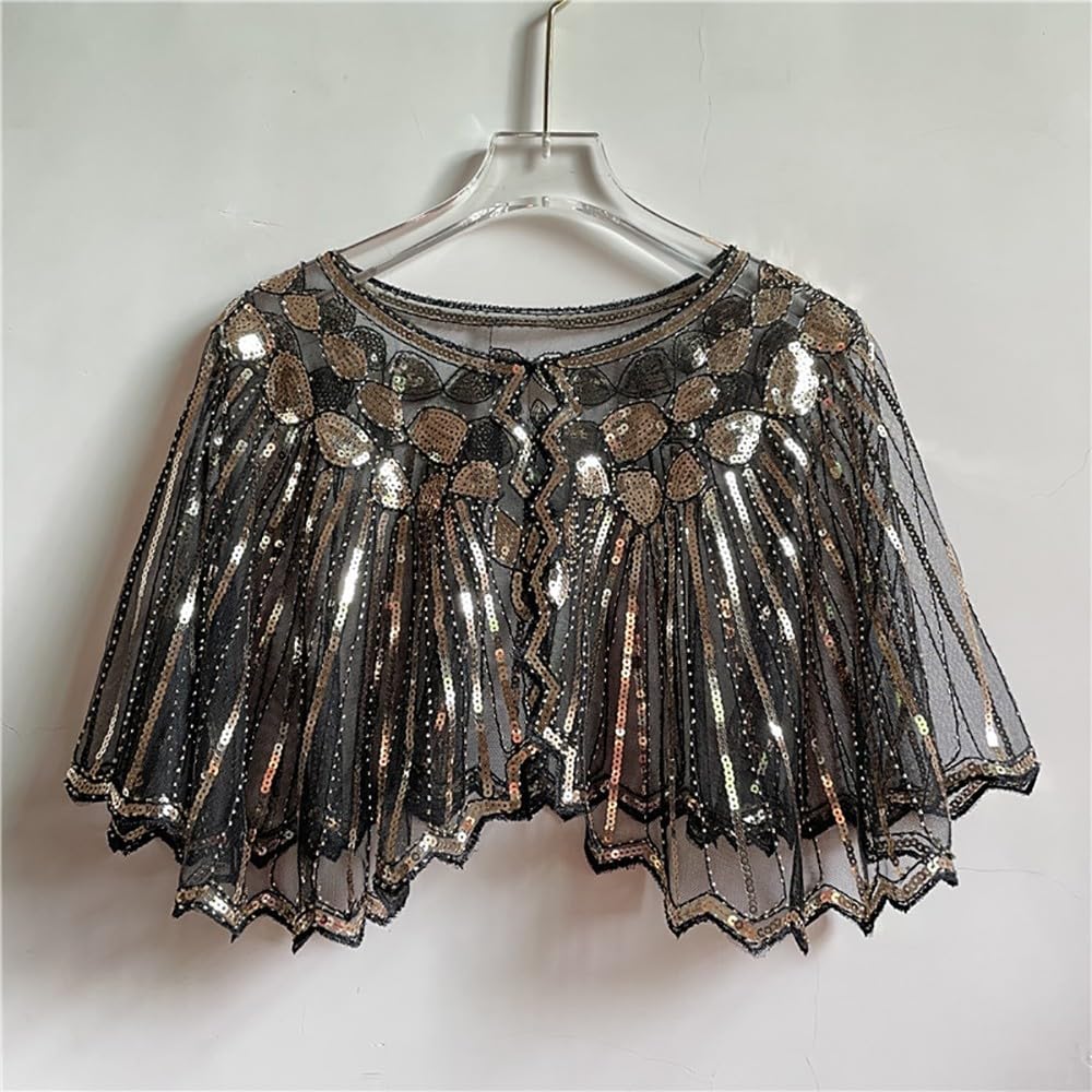 Women's Evening Party Shawl Cape with Vintage 1920s Beaded Sequin and Retro Flapper Deco Style (Black+Gold)