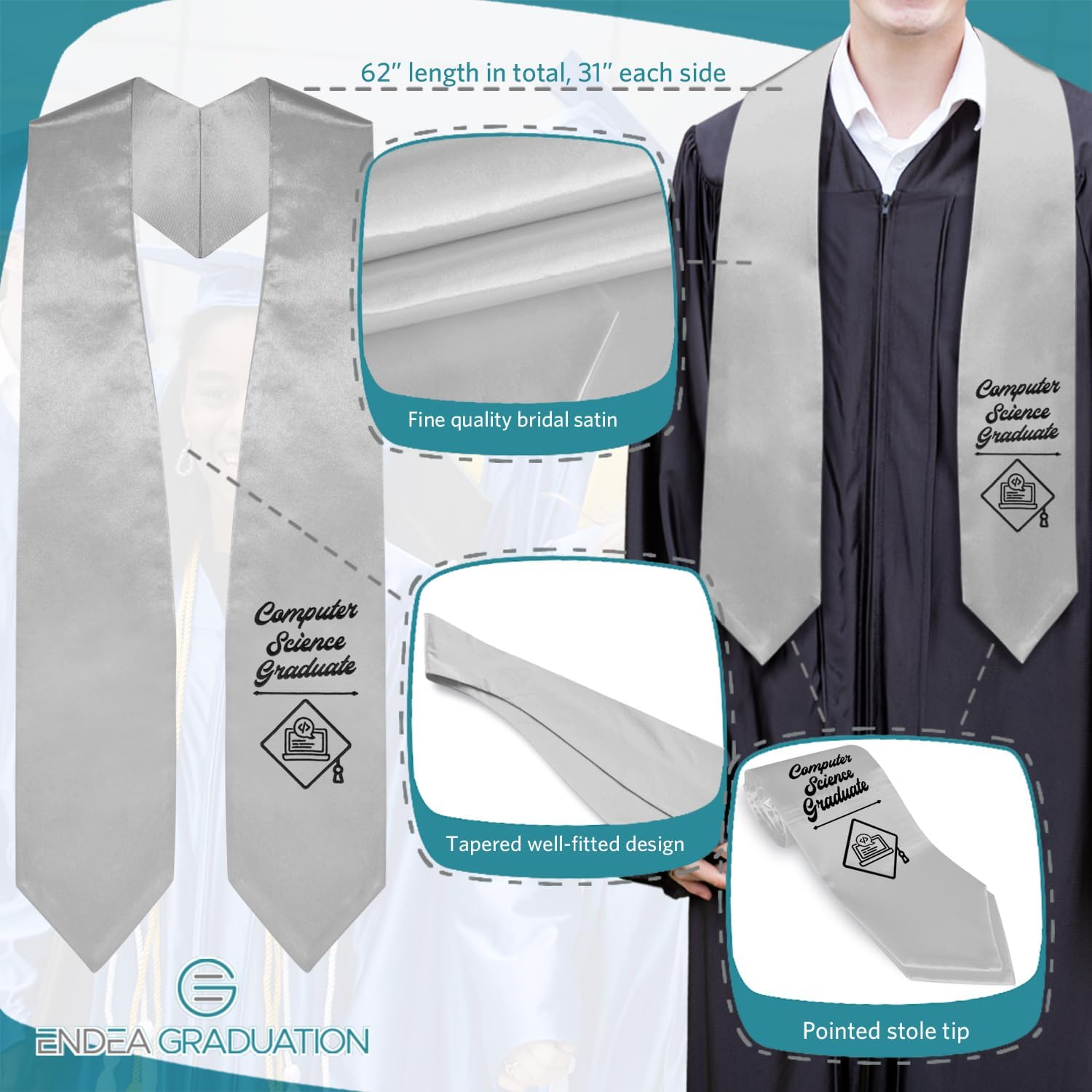 Endea Graduation Computer Science Graduate Stole With Classic Tips - Unisex Adult - 62” Long - Graduation Sash