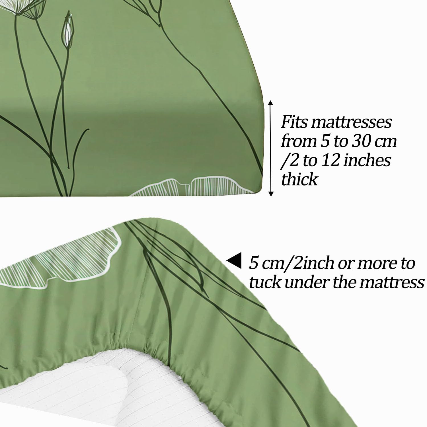 Zielone prześcieradło z gumką 180 x 200 cm minimalizm dzikie kwiaty linie, miękkie i można prać w pralce prześcieradło pod narożnikami elastyczne do wysokości materaca do 30 cm