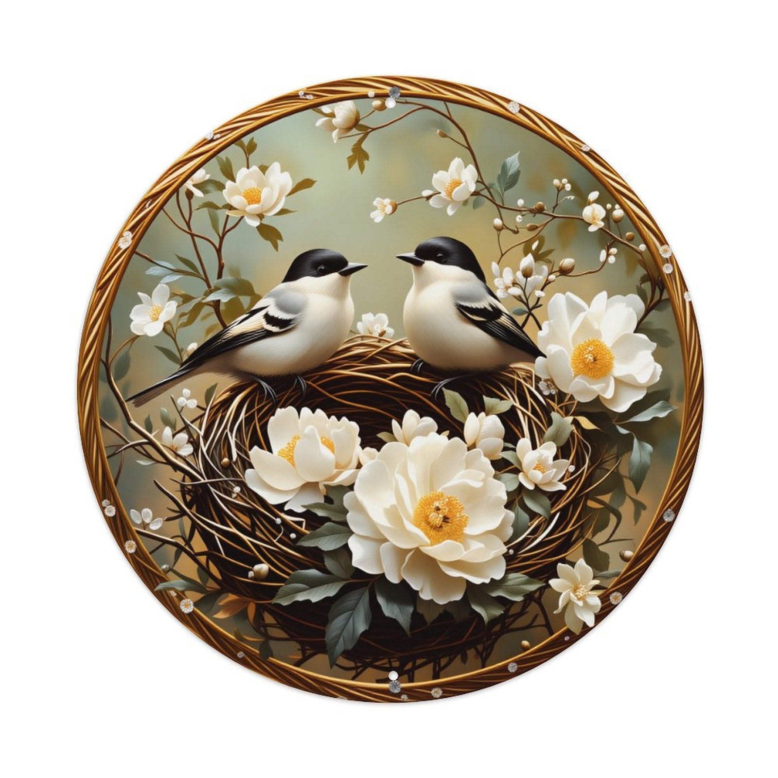 Birds Nest Flowers Branches Circle Art Round Vintage Tin Sign,Retro Wall Art,Metal Poster for Home, Bar, Garage, Cafe, Rustic Indoor & Outdoor Decor, 8x8 Inches