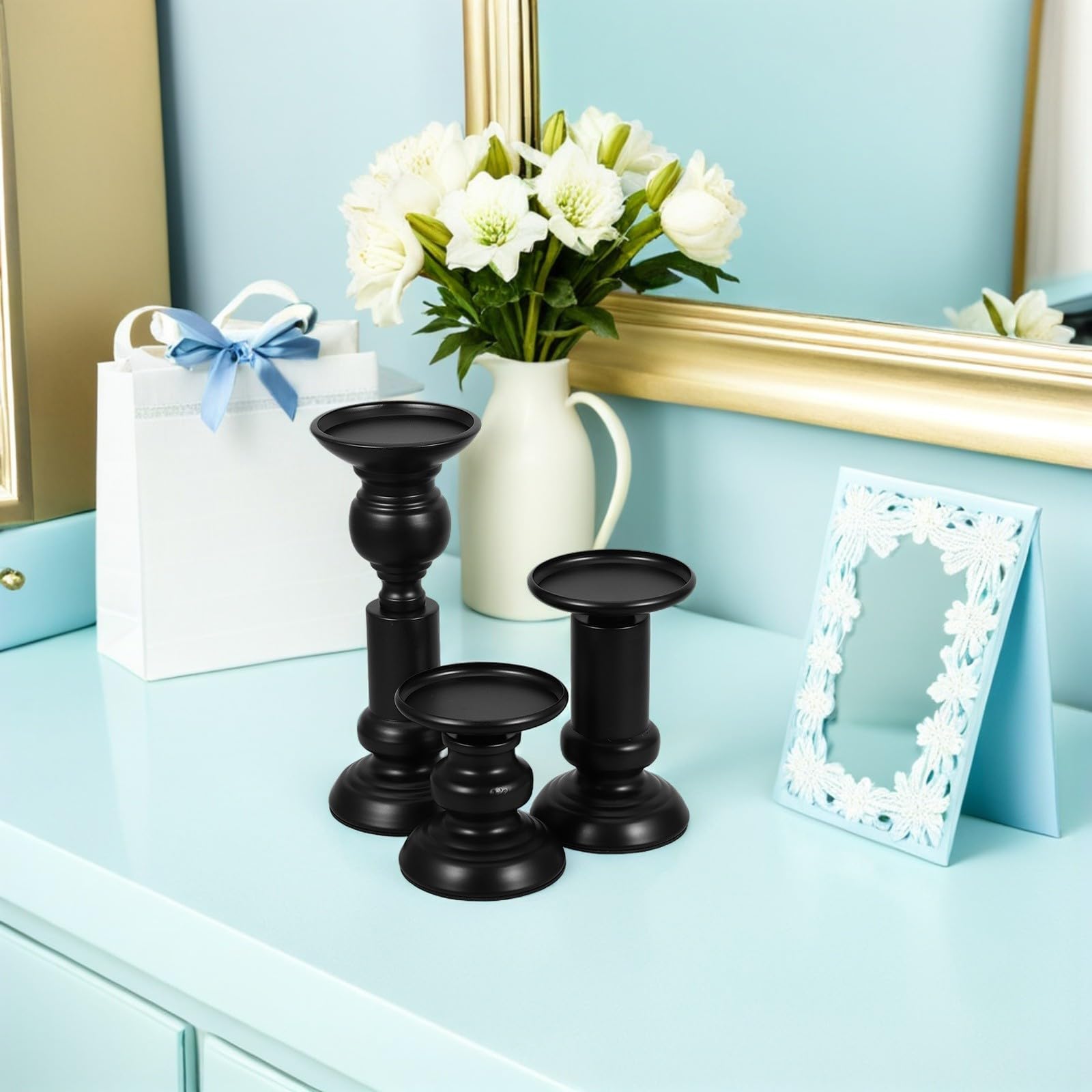 Candelabro Decorativo de Metal Negro 3 Piezas para Velas