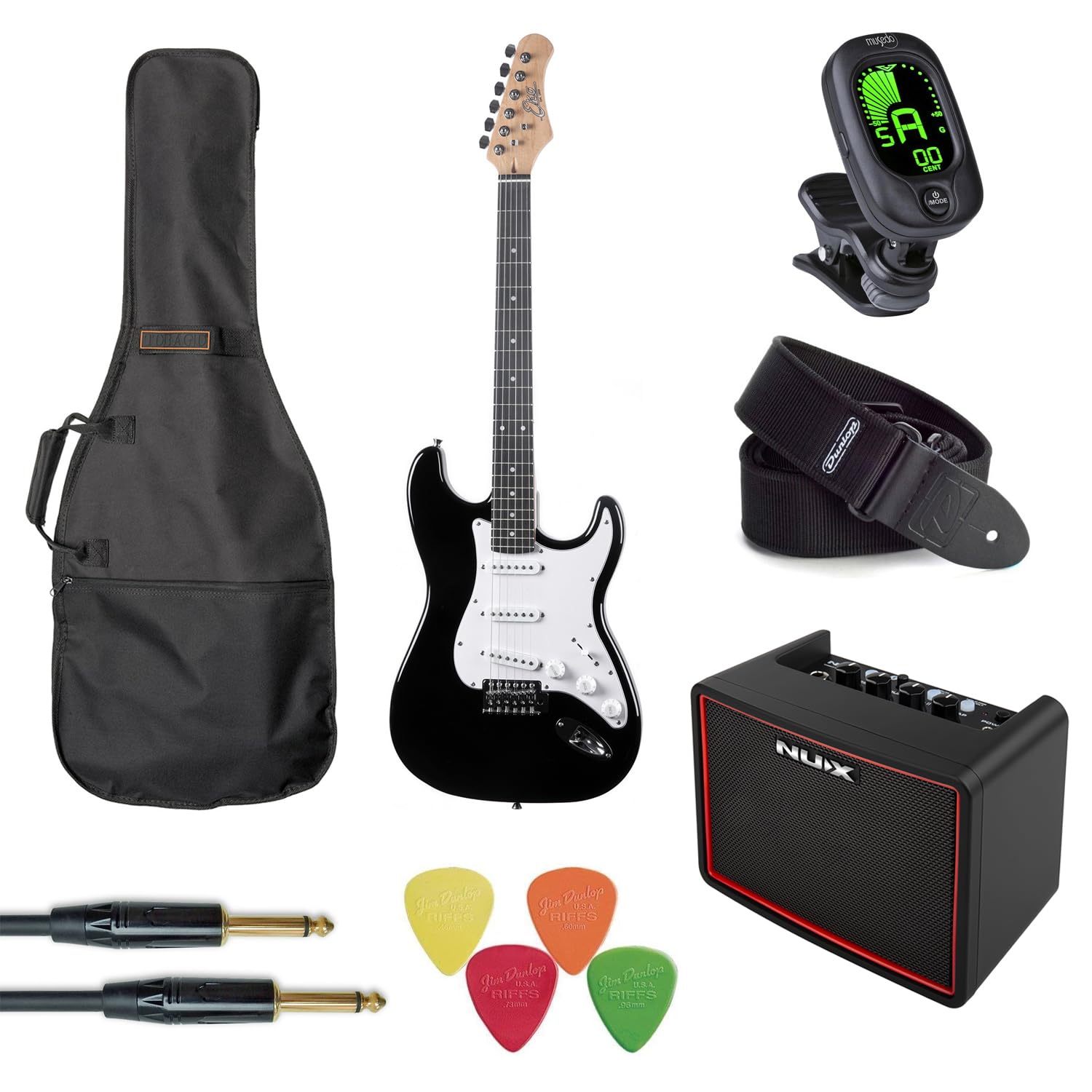 Eko Guitars GEE ST100-BLK - Chitarra elettrica, set completo con amplificatore e accessori, colore: Nero