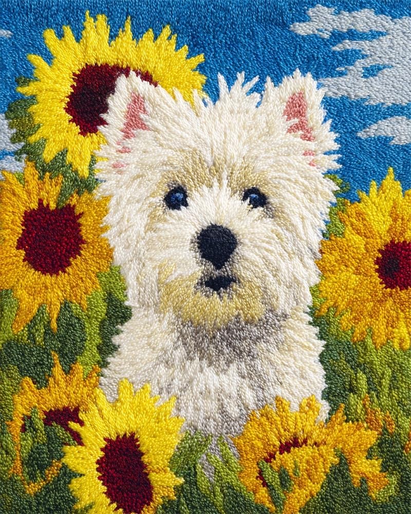 FWRTYCB Latch Hook Rug Kit Westie Dog Puppy Sunflower