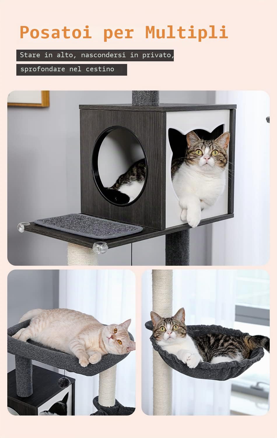AWZ Road Moderna torre per gatti in legno con armadio per riporre lettiera e ampio condominio per gatti, grande posatoio e amaca, tiragraffi con rivestimento in sisal Black