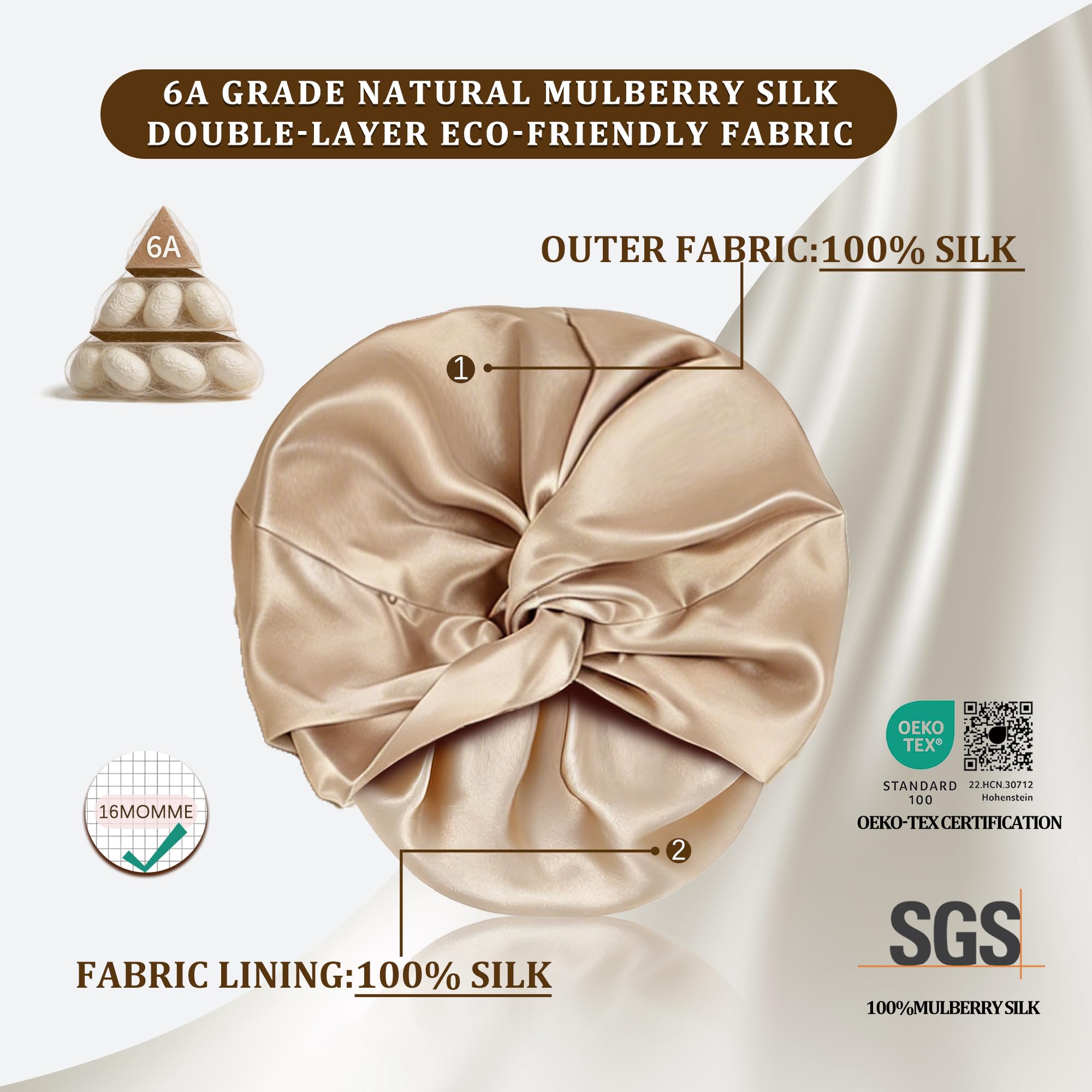 townssilk 100% Maulbeerseide Frauen Nachtmütze, 16Momme Schlafmütze Seide Duschhaube Gut für das Haar, schützt das Haar, Seide Nachtmütze, Doppelschicht,coffee
