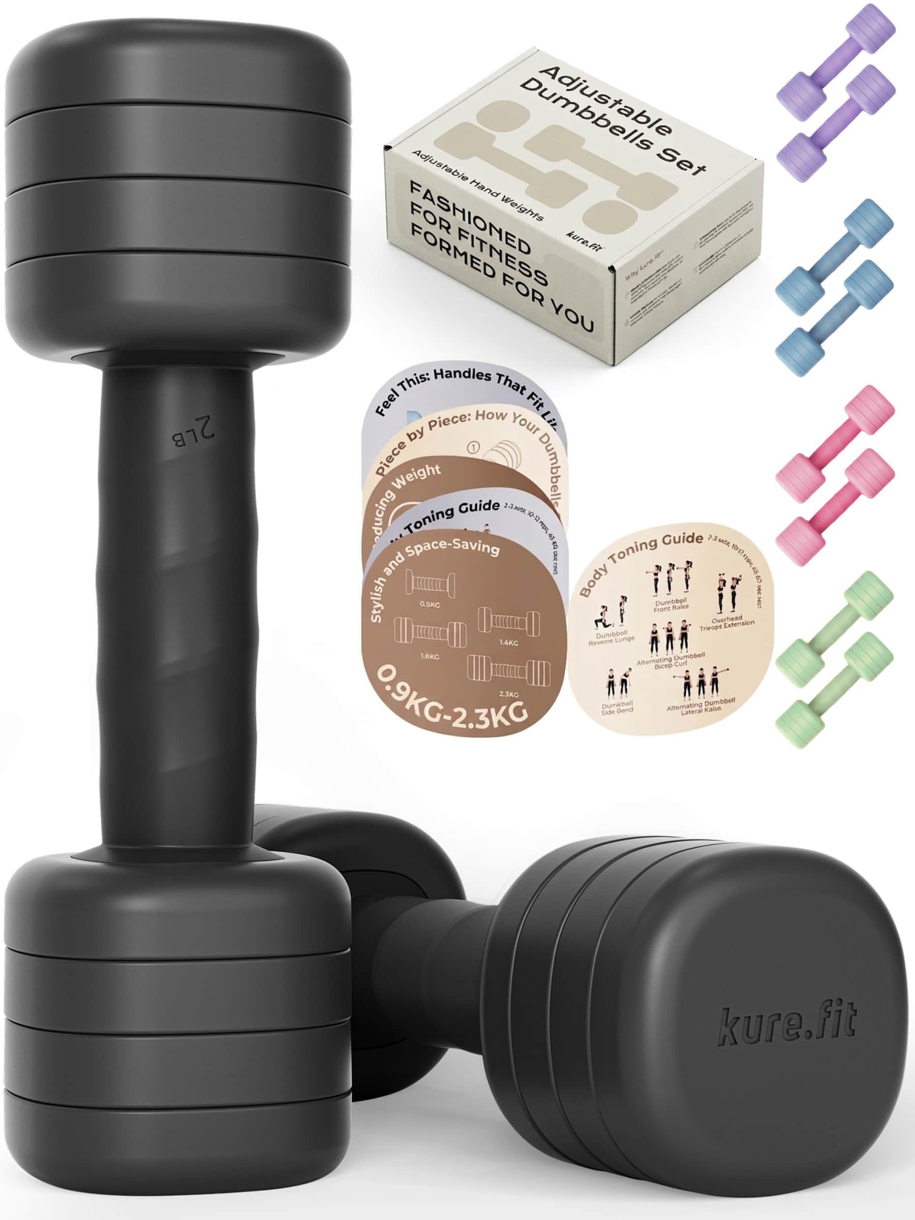 kure.fit Adjustable Dumbbell Set (0.9–2.3kg) | One-Twist Weight System | Ergonomic Non-Slip Grip | Home Gym Dumbbells for Pilates, Yoga, Rehab & Light Strength Training | For Women