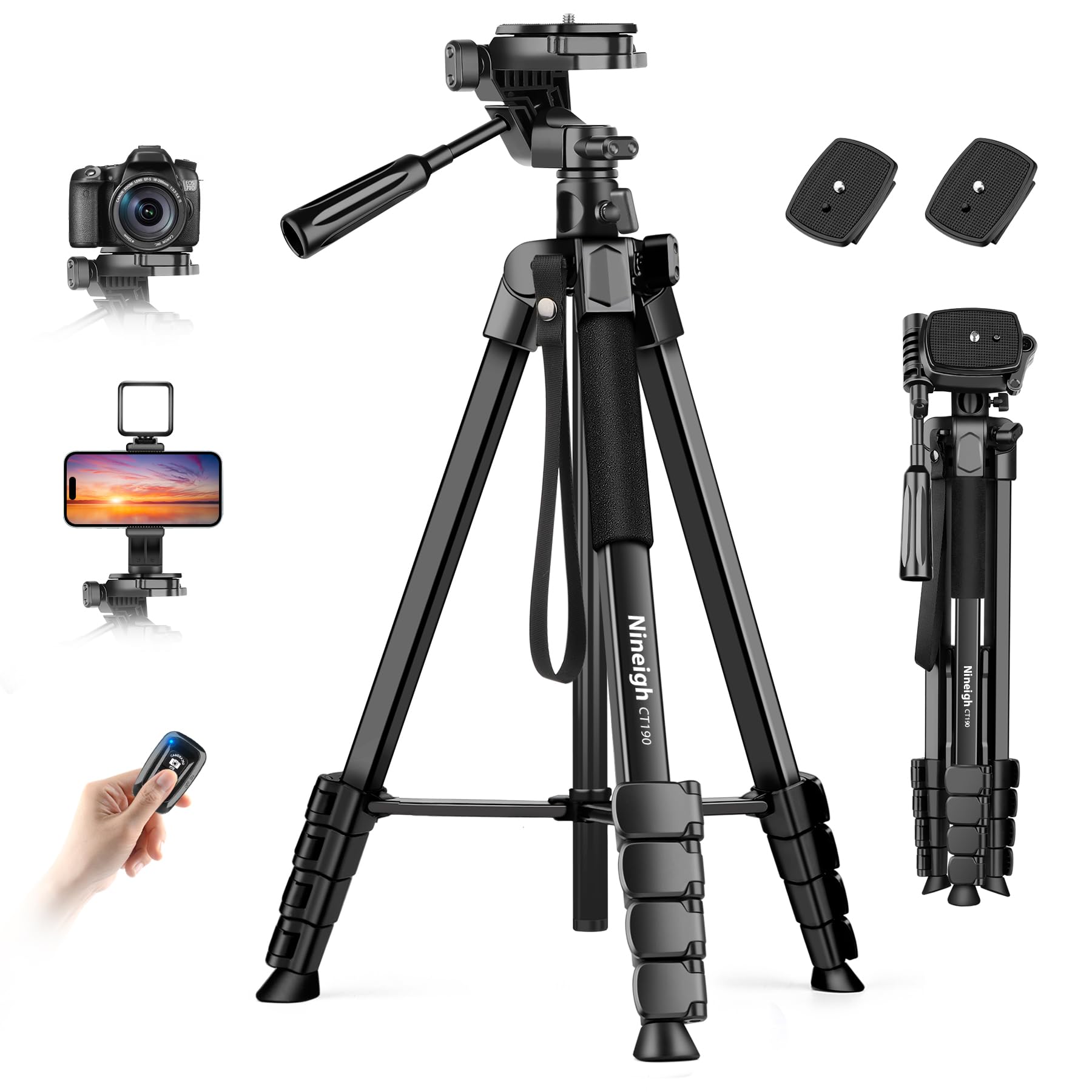 Camera Phone Tripod, 75'' Lightweight DSLR Camera Stand with 3 Way Pan Head, Horizontal Tripod for Smartphone with Remote and Carry Bag for Travel Video Photography YouTube Vlog
