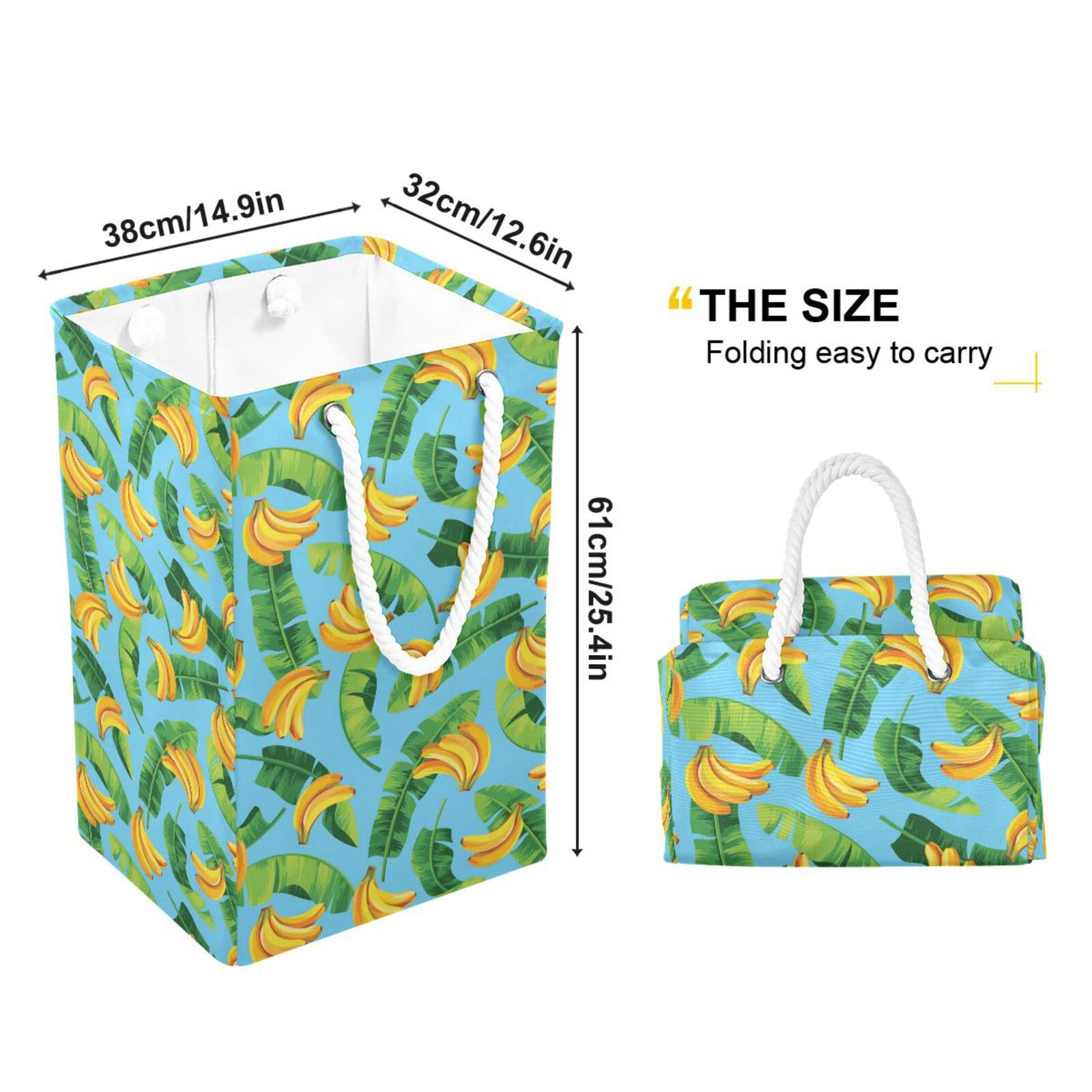 Poeticcity Seamless Green Banana Leaves and Bananas on Blue Collapsible Waterproof Laundry Hamper, Lightweight Washing Basket Bin Storage Organizer Bucket with Handles for Toys Clothes
