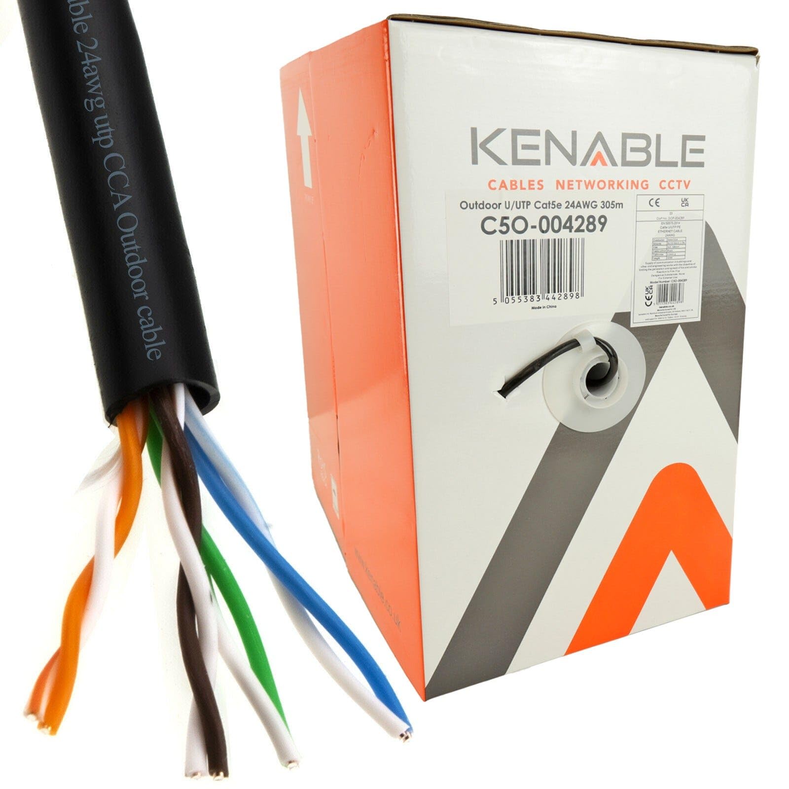 kenable Cable de Red Ethernet Exterior CAT5e-CCA Bobina 305 m [305 metros/305m] UTP Sólido Impermeable Enterrable UV Resistente Negro