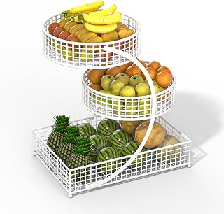 3-Tier Makeup Organizer Basket, Metal Wire Countertop Storage Rack for Bathroom Vanity & Kitchen, Multipurpose Holder for Cosmetics, Skincare, Fruit & Vegetables, Black with Gold Handles, White
