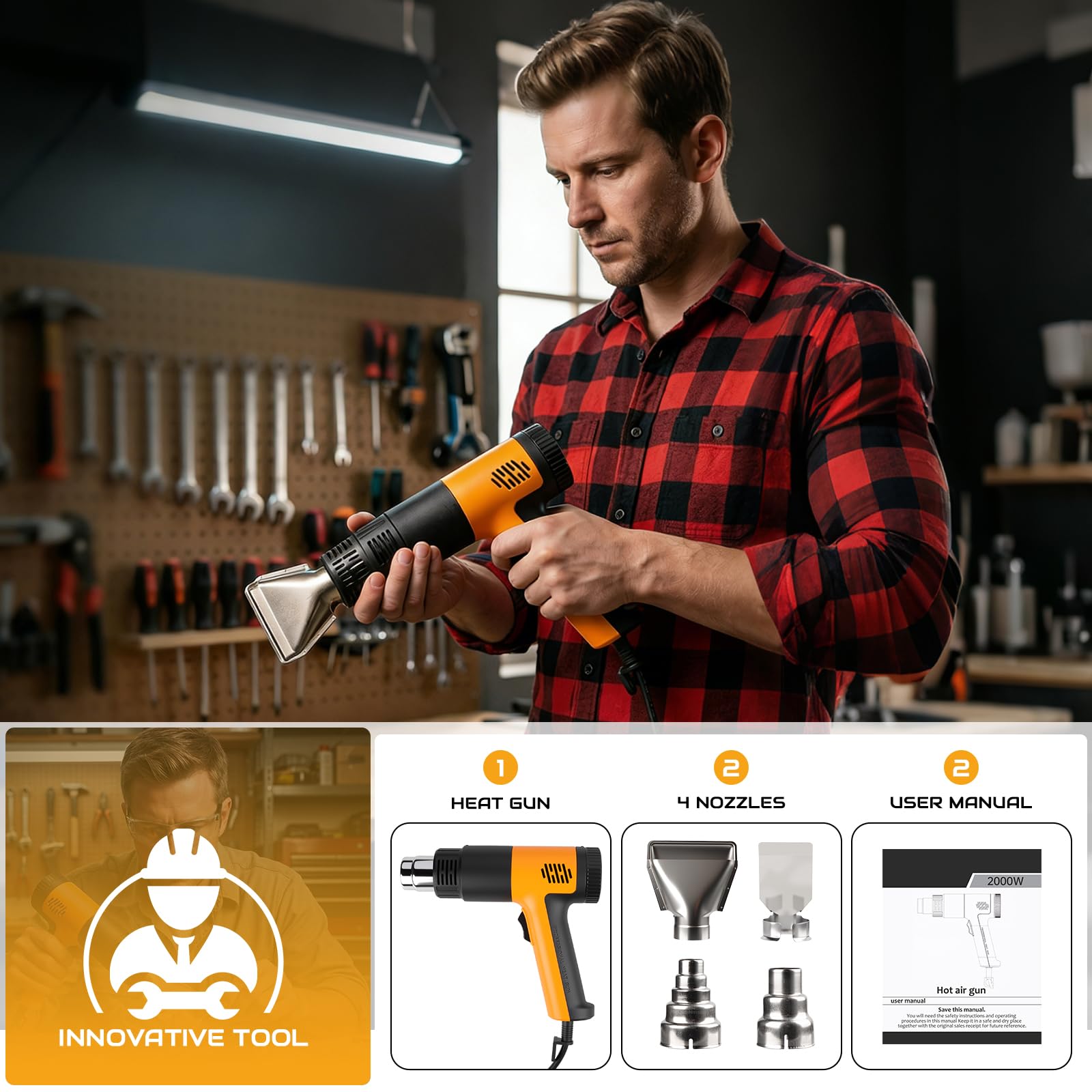 Pistola ad aria calda da 2000 W, struttura dell'ugello con protezione da scottature, temperatura e flusso d'aria regolabili da 50 °C a 700 °C, con protezione da sovraccarico e ideale per fai da te