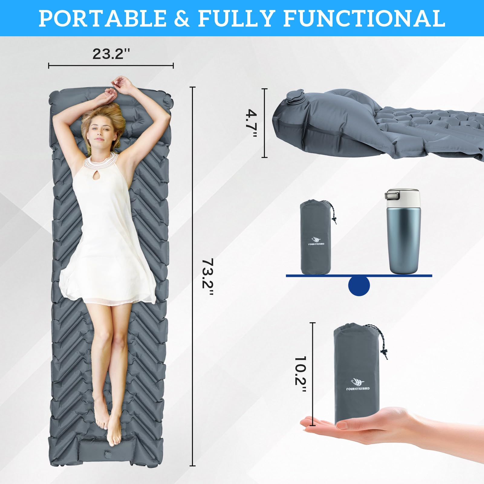 Colchoneta de dormir para acampar, ultraligera inflable con almohada, bomba de pie integrada para viajes, tienda de campaña, senderismo, mochileros (gris)