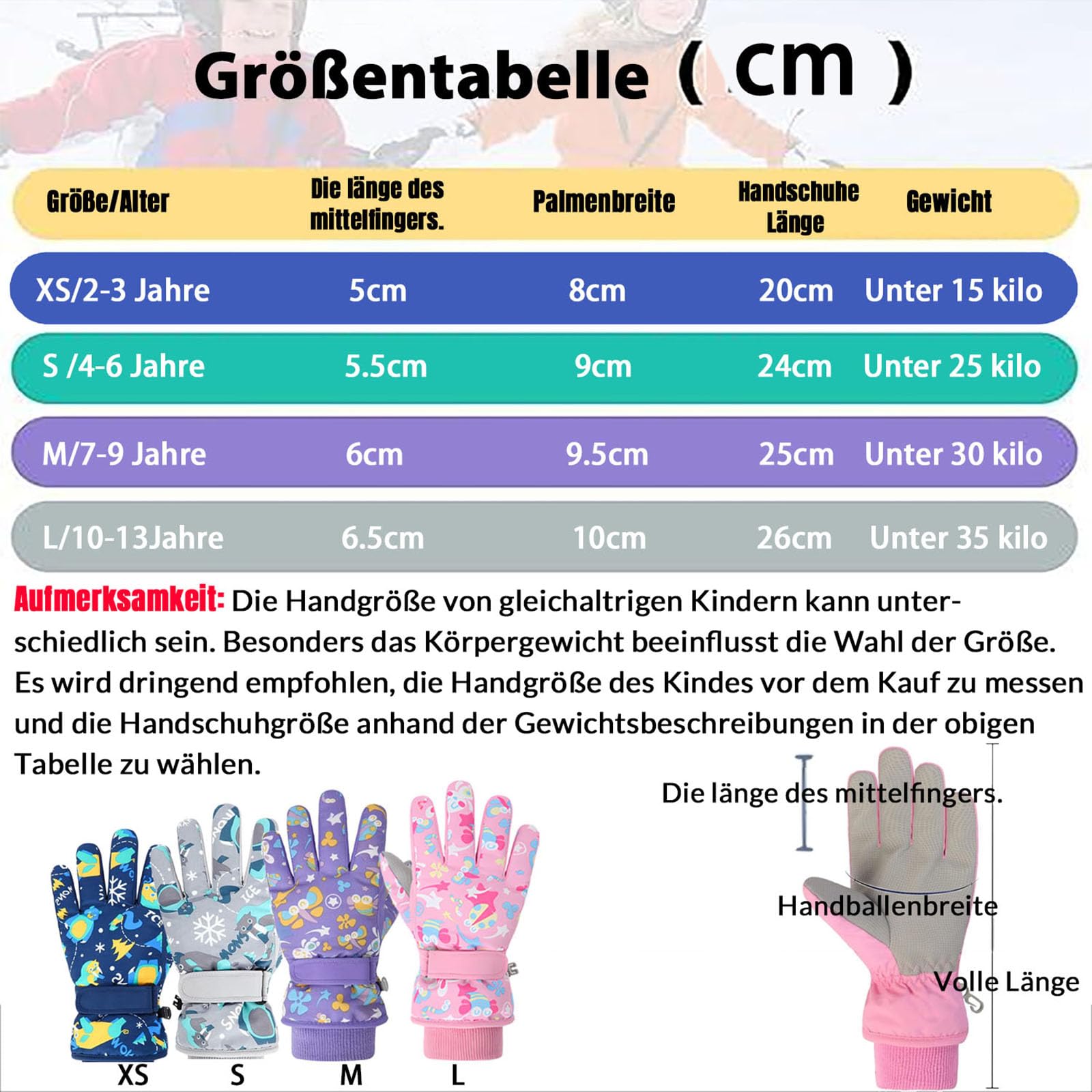 Gants de Ski Enfants moufle Chaud Hiver pour Garçon Fille Coupe-Vent Respirant PU Les Palmiers Neige Ski Snowboard Vélo Équitation Sport 2-13 Ans S