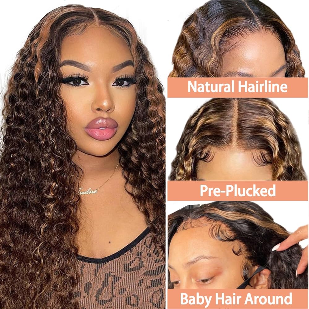 Weeybay 4x4 Lace Front Human Hair Wig p4/30 Highlight Brown Color Middle Part Lace Unprocesseed Glueless Virgin Hair Deep Wave Wigs For Women 28 Inch - Image 3