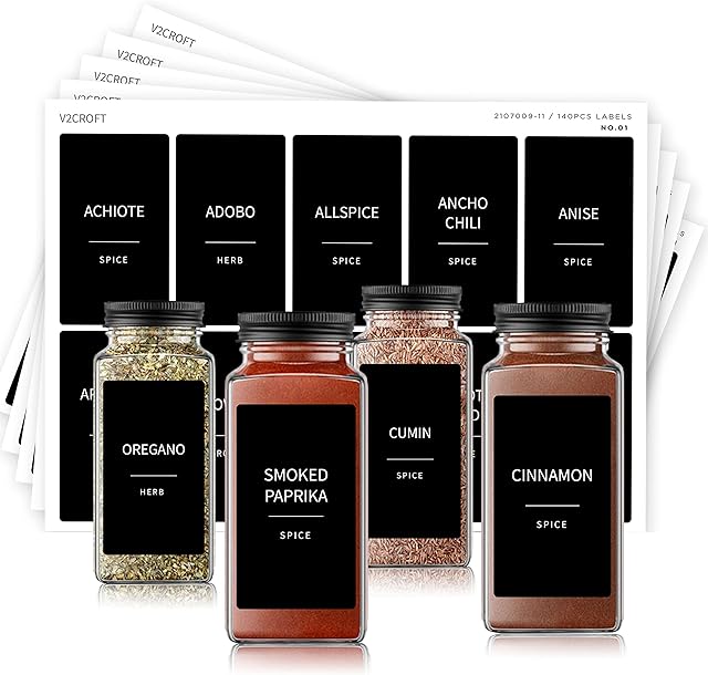 Spice Jar Labels,140 pcs Minimalist Preprinted Black Sticker White Text, Farmhouse Modern Waterproof Label Organization for Glass Bottles Containers, Herb Seasoning, Kitchen Pantry