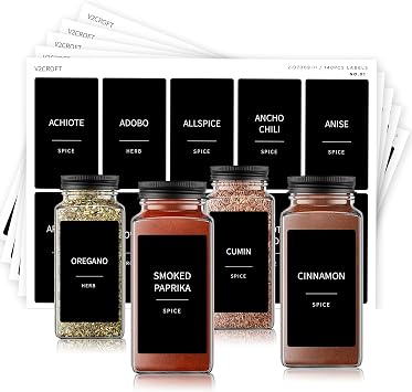 Spice Jar Labels,140 pcs Minimalist Preprinted Black Sticker White Text, Farmhouse Modern Waterproof Label Organization for Glass Bottles Containers, Herb Seasoning, Kitchen Pantry