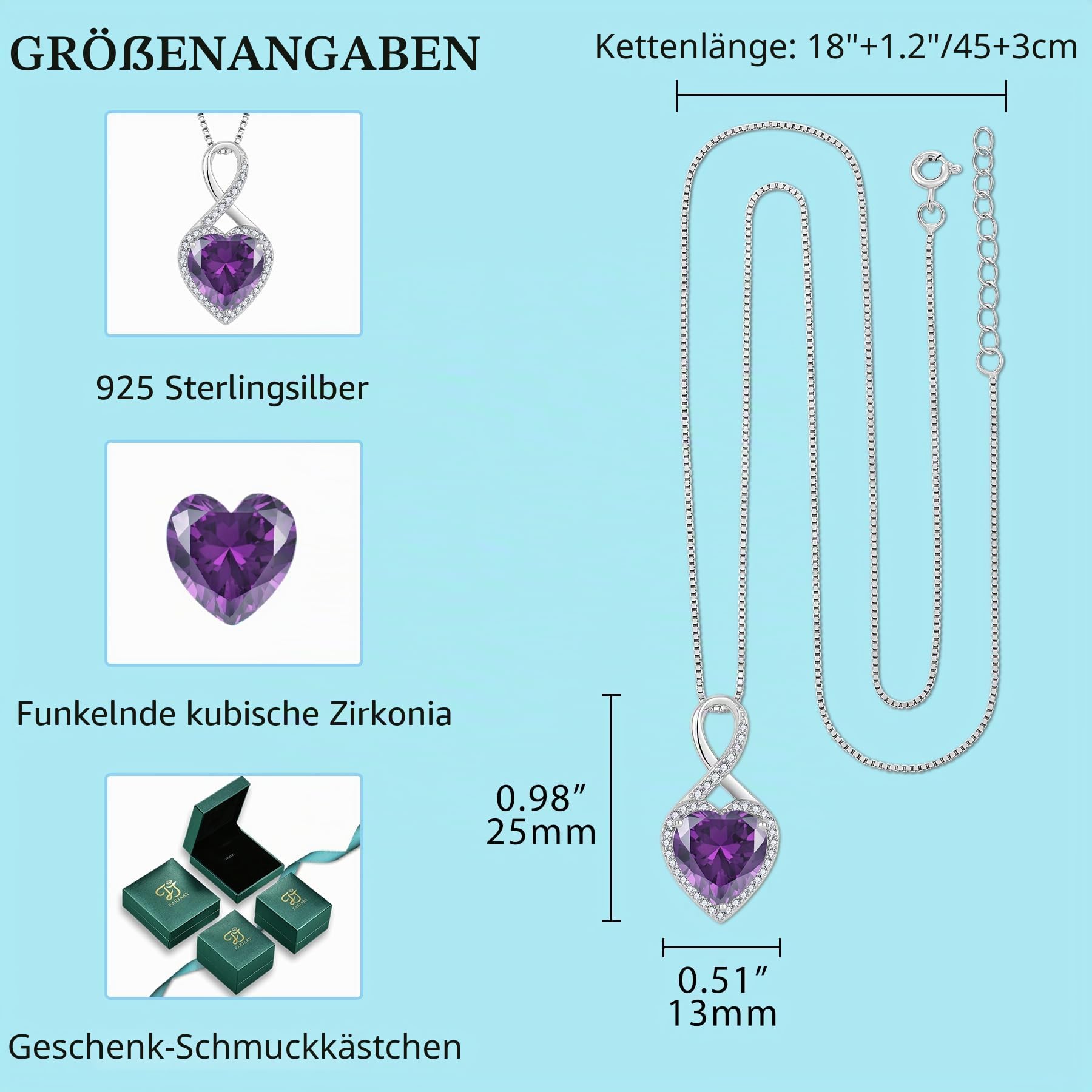 FJ Unendlichkeit Kette Damen 925 Sterling Silber Herz Geburtsstein Halskette Schmuck für Frauen Mutter Freundin Mama