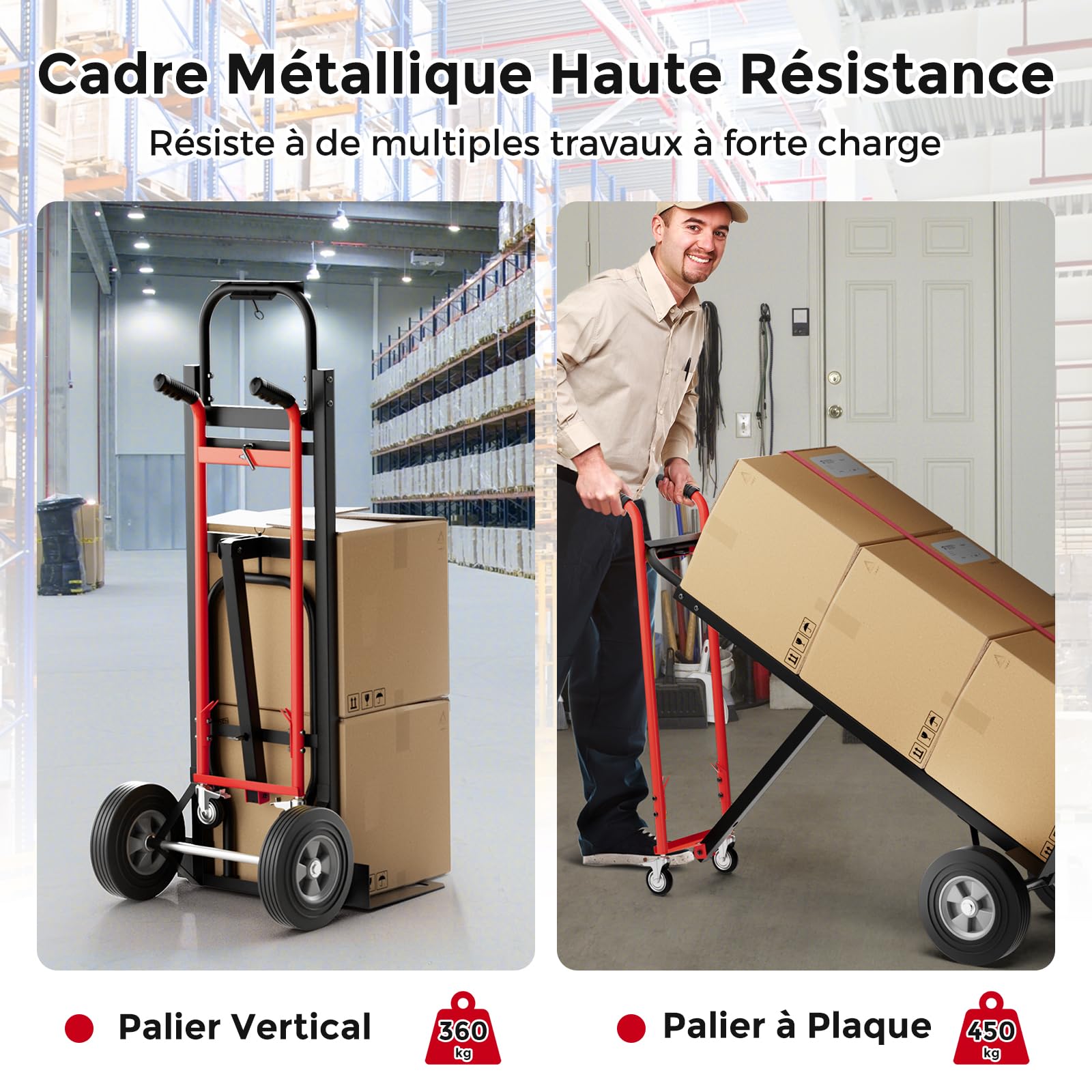 COSTWAY Diable Pliant en Métal 3 en 1 avec 4 Roues en Caoutchouc, Chariot de Transport Industriel Robuste Capacité 450 Kg, Diable Convertible pour Déménagement Entrepôt Maison, Noir+Rouge