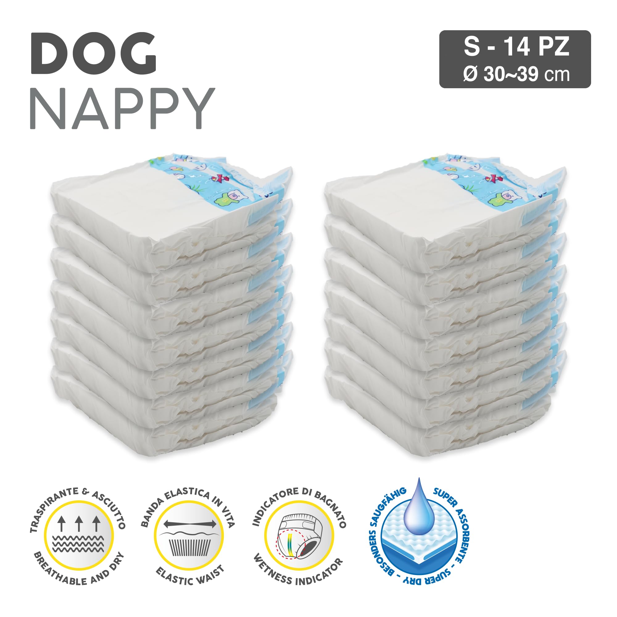 Croci Dog Nappy - Mutanda Assorbente per cani femmine, taglia S - Ø 30-39 cm, Pannolino igienico ciclo e pipi cane, Antiodore, Usa e getta, Chiusura adesiva regolabile, 14 pz