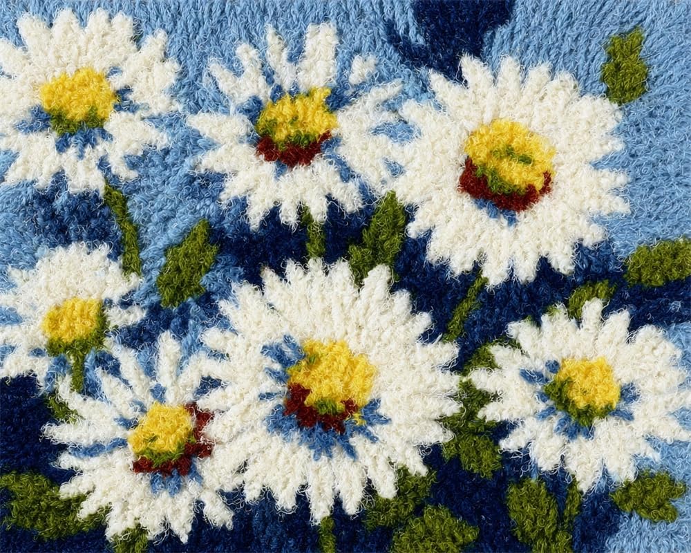 Kitquiver Latch Hook Kits for Adults Rug White Daisy DIY with Printed Canvas Crochet Yarn Handmade Embroidery Crafts Crochet for Home Decoration 23X35In